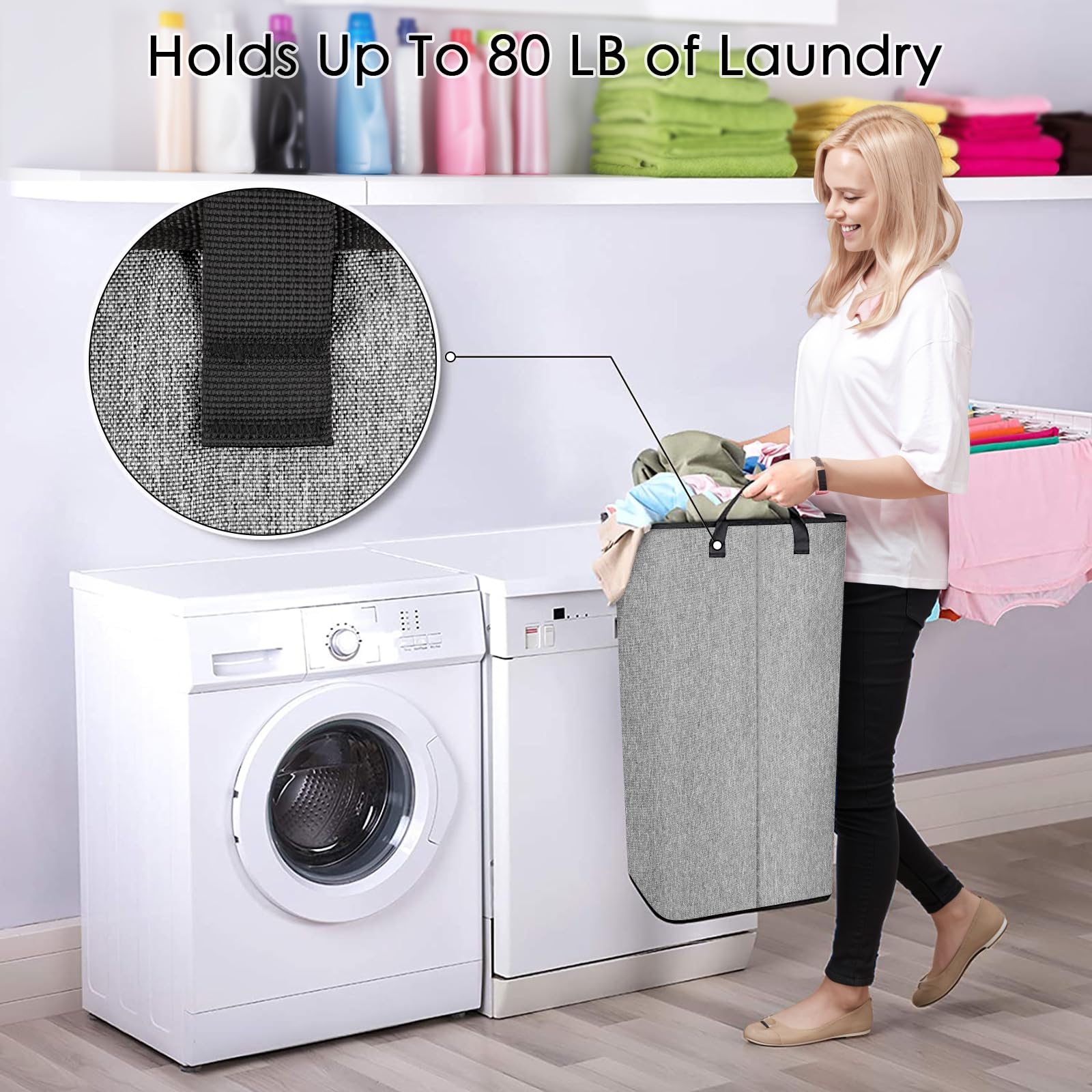 SNIGJAT Large Grey Laundry Hamper, 80L Collapsible Basket with Sturdy Handles for Bedroom and College Dorm