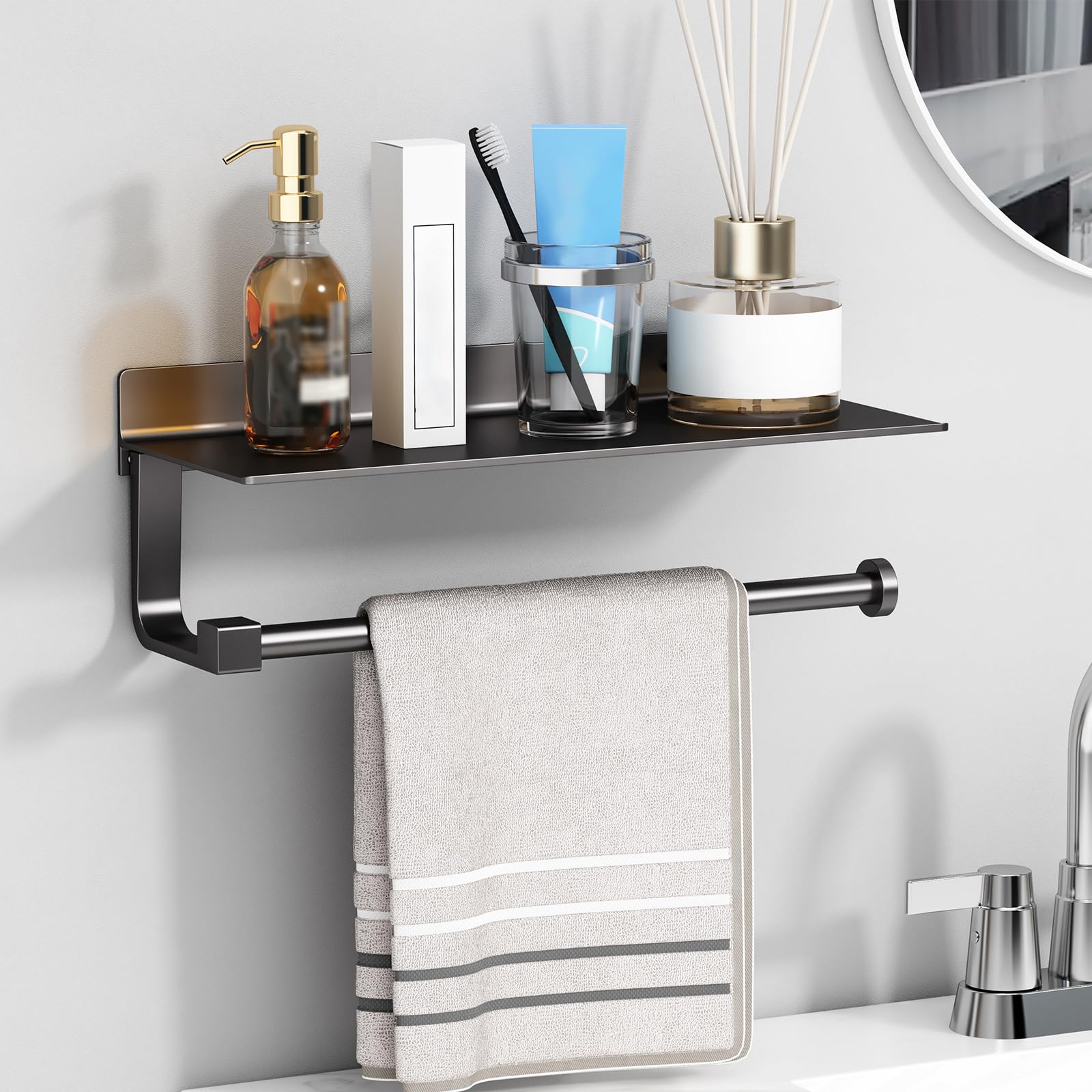 Danpoo Wall Mount Paper Towel Holder With Shelf For Bathroom/Kitchen, Adhesive Hand Towel Holder, Matte Black