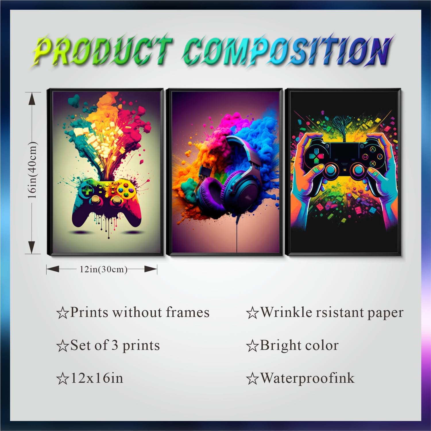 Muwak Gaming Room Decor Wall Art Set Of 3 - Video Gaming Controller Gamer Wall Decor, Gaming Canvas Poster Room Decor For Boys R