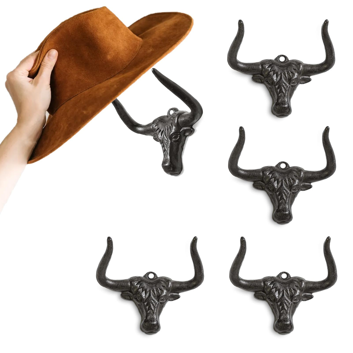 Hydermus Cowboy Hat Rack For Wall 4 Pack Modern Metal Cowboy Hat Holder Cast Iron Cowgirl Hat Hanger Western Longhorn Hooks For