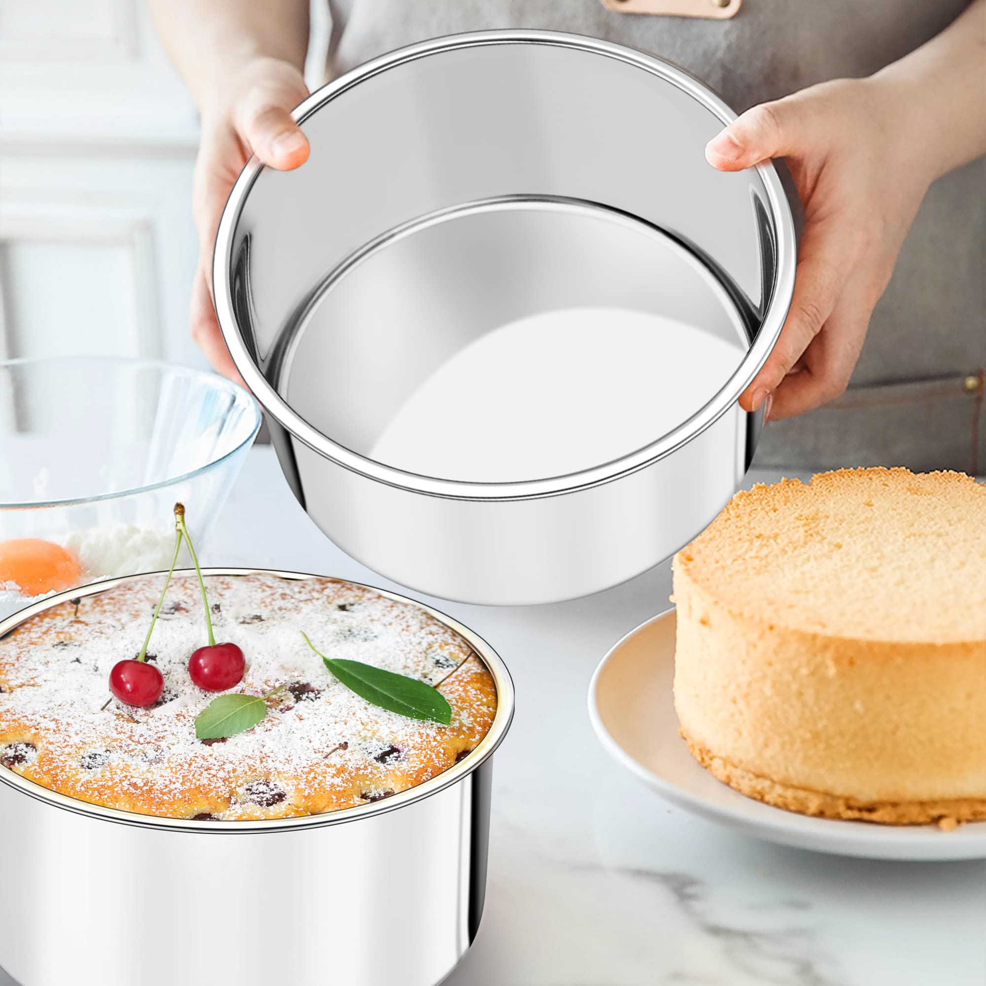 Teamfar 6 Inch Cake Pan, 6    X 3    Deep Round Cake Pan Tier Baking Pans Set Stainless Steel, For Baking Steaming Serving, Heal
