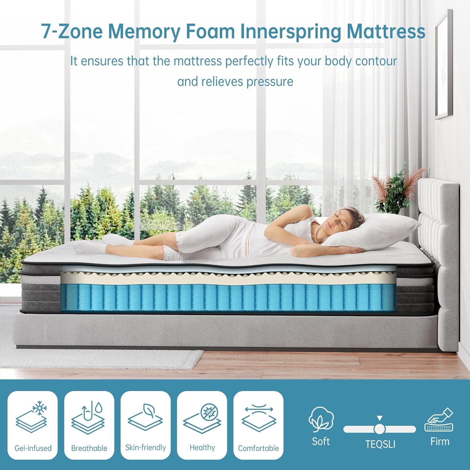 Teqsli Queen Mattress, 10 Inch Queen Mattress Hybrid, Gel Memory Foam With Queen Size Mattress In A Box & Individually Pocketed