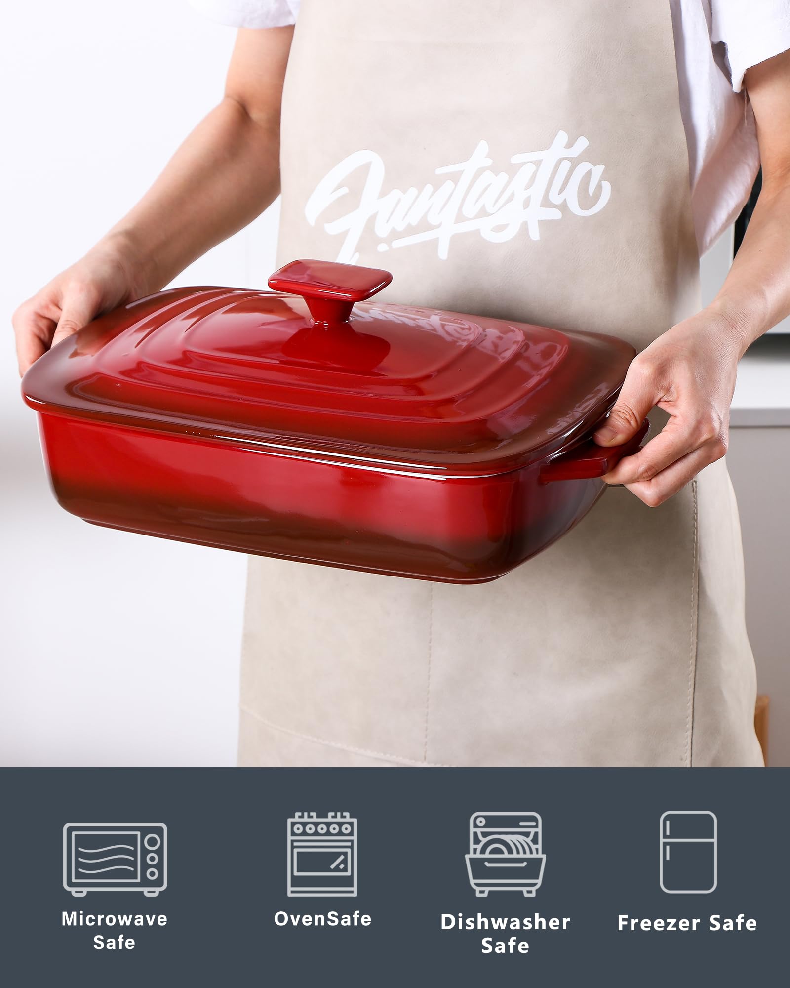 Lareina Large Ceramic Casserole Dish With Lid, 4.0 Quart Covered Rectangular Stoneware Baking Dishes For Oven, Deep 9X13 Inch La