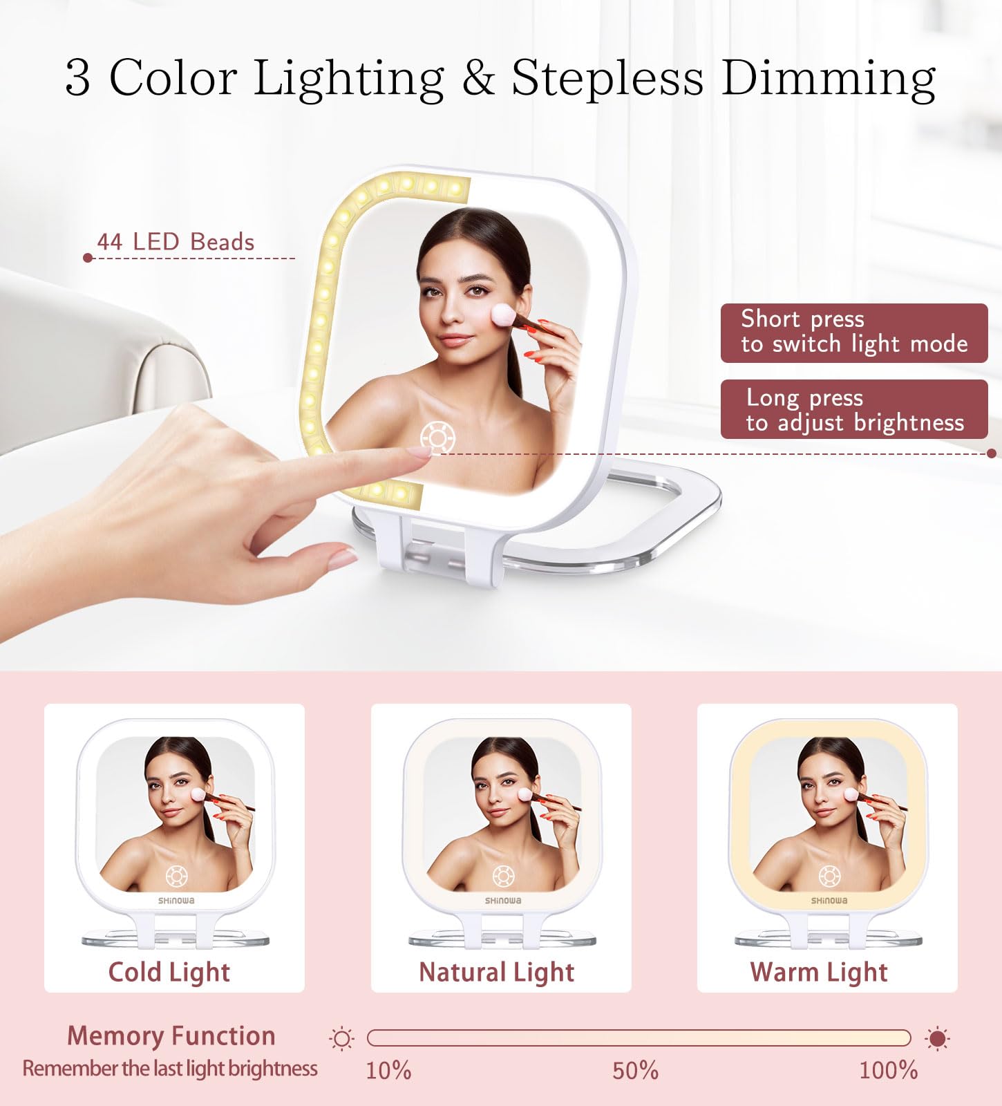 Shinowa Rechargeable Travel Makeup Mirror With 44 Led Lights, 1X/10X Magnifying Vanity Mirror With 3 Color Light, Folding Stand,