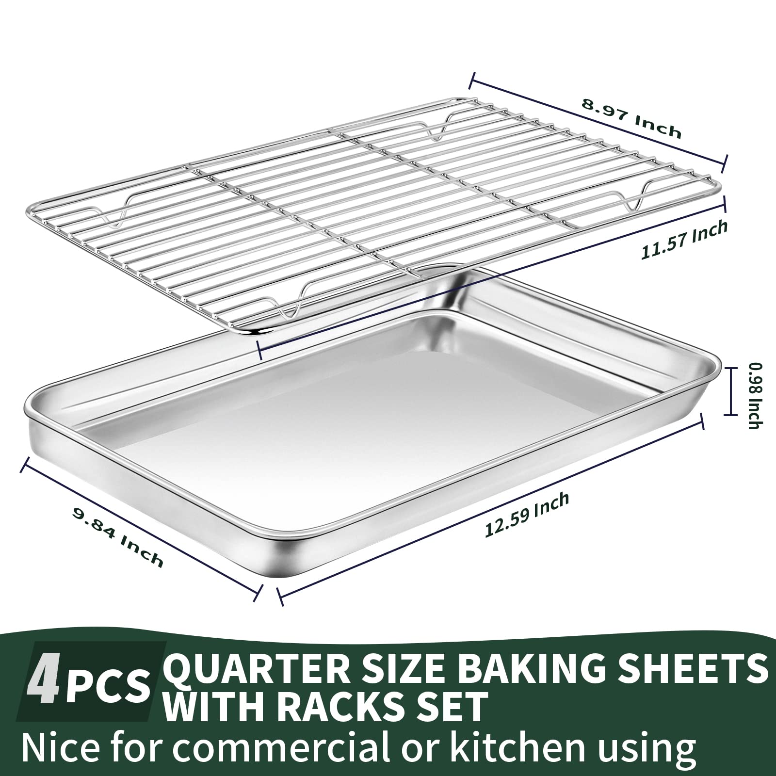 Quarter Sheet Pan With Wire Rack Set [2 Baking Sheets + 2 Cooling Racks], Cekee Stainless Steel Cookie Sheets For Baking With Ba