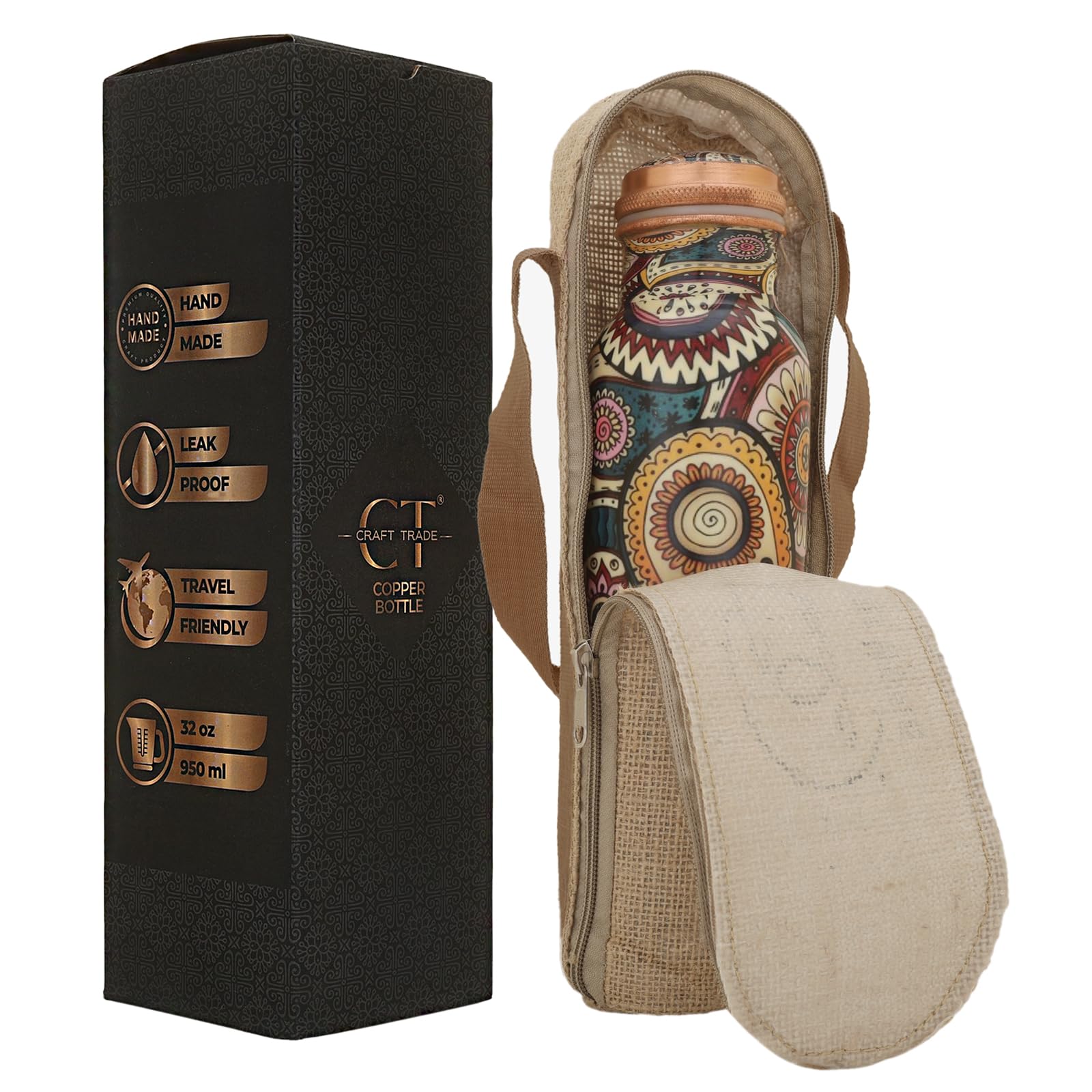 Craft Trade Copper Ayurveda Copper Water Bottle For Drinking 32Oz Antique Diamond Pure Copper Water Bottle With Handle Travel Bo