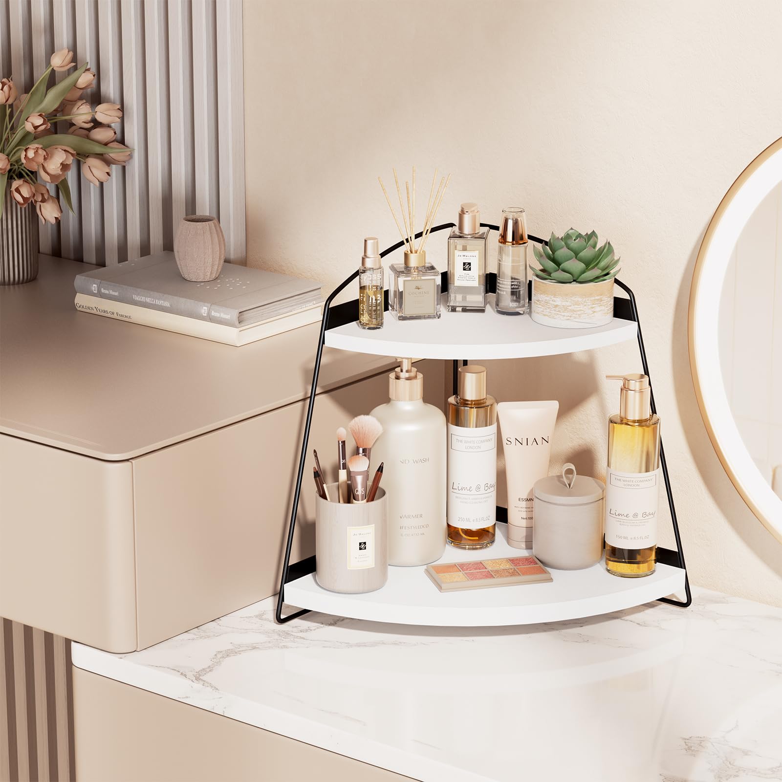 Puricon Corner Bathroom Counter Organizer, 2-Tier Wood Countertop Bathroom Sink Corner Shelf, Vanity Corner Counter Rack For Bat
