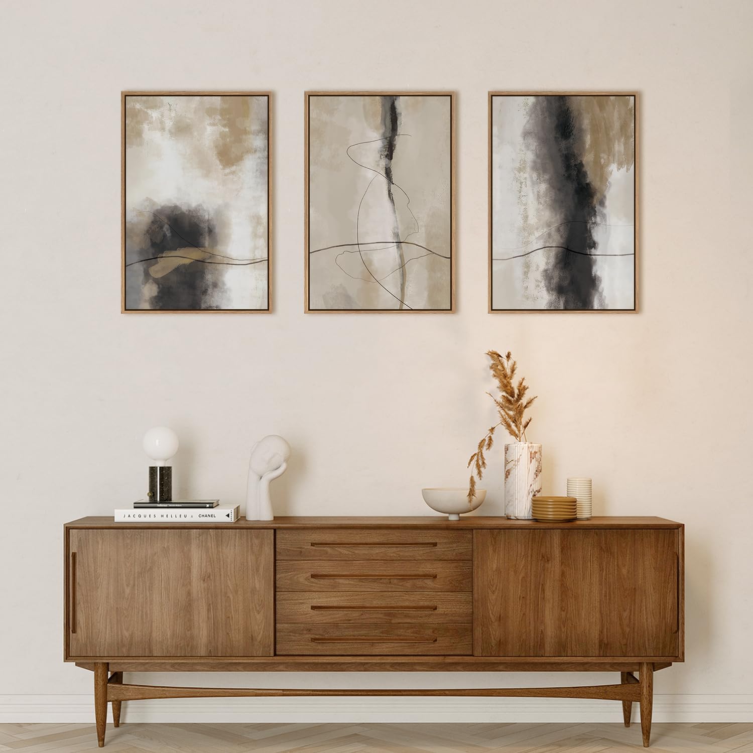 Hpinub Large Modern Abstract Shapes Framed Canvas Wall Art Set,Neutral Black And White Wall Decor,Minimalist Nordic Wall Paintin
