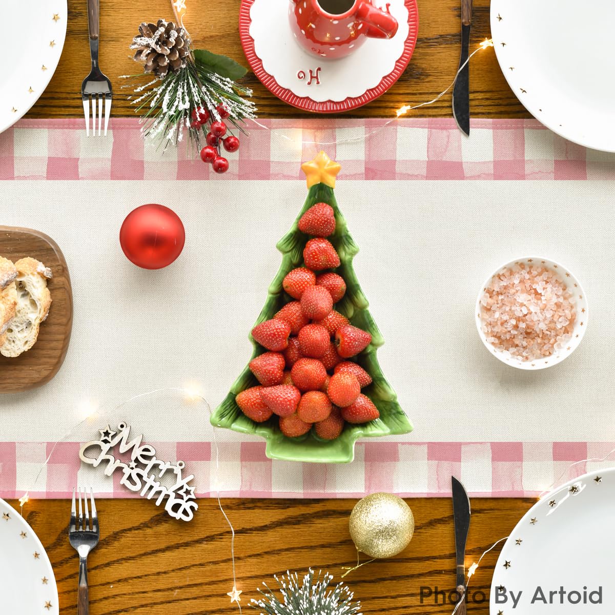 Artoid Mode Watercolor Pink Buffalo Plaid Christmas Trees Merry Xmas Table Runner, Seasonal Winter Holiday Kitchen Dining Table