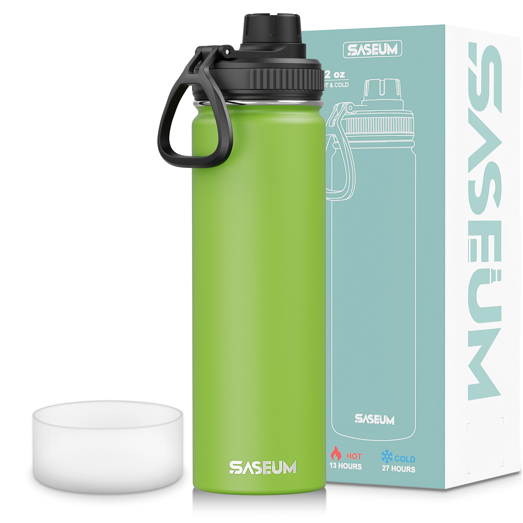 SASEUM Sport Water Bottle 22oz Stainless Steel Double Wall Vacuum Thermal Mug with Leak Proof Spout Lids, Wide Mouth Metal Insul