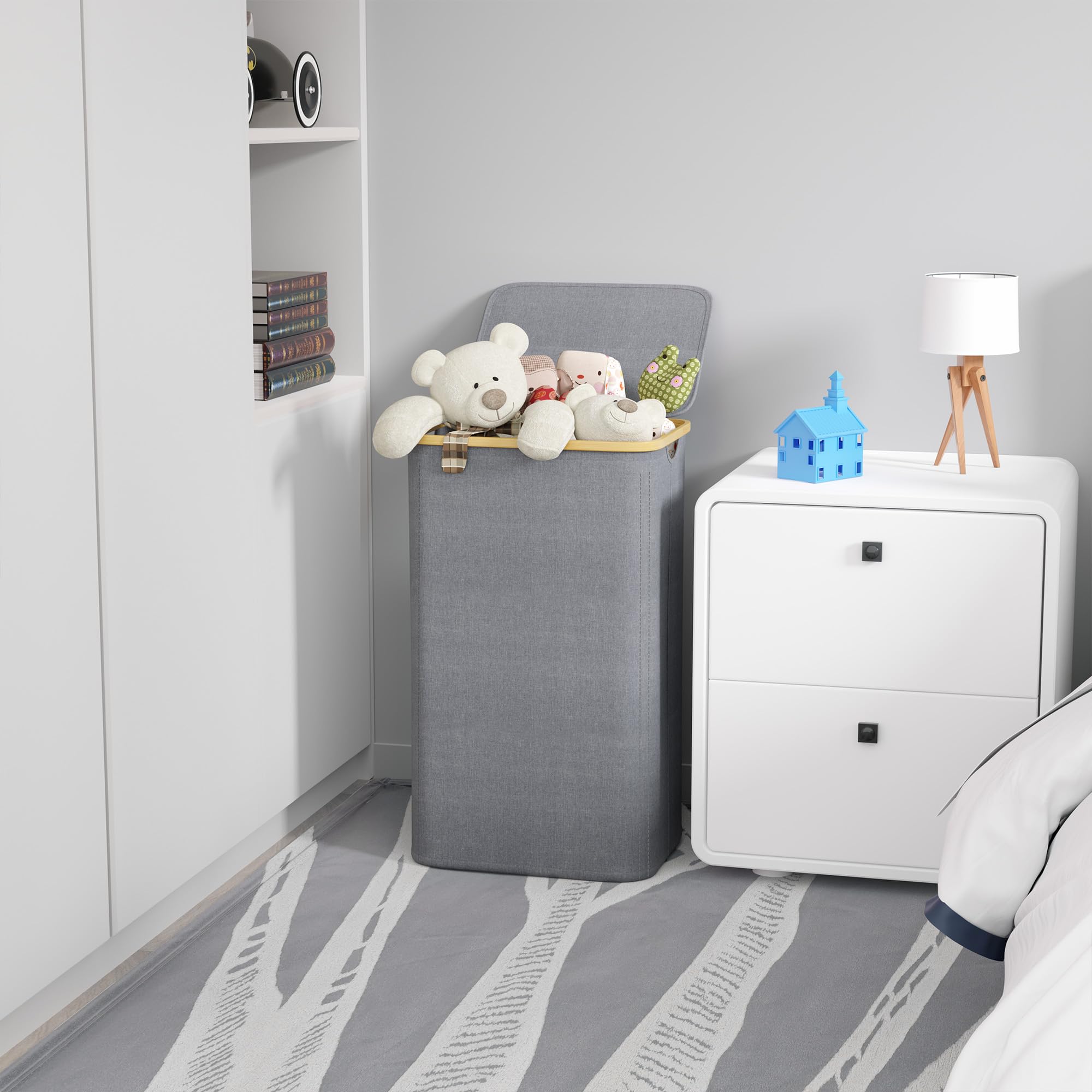 Suoco Laundry Hamper With Lid, 29 Gal (110L) Clothes Basket With Bamboo Handles, Large Foldable Laundry Hamper For Bedroom, Bath