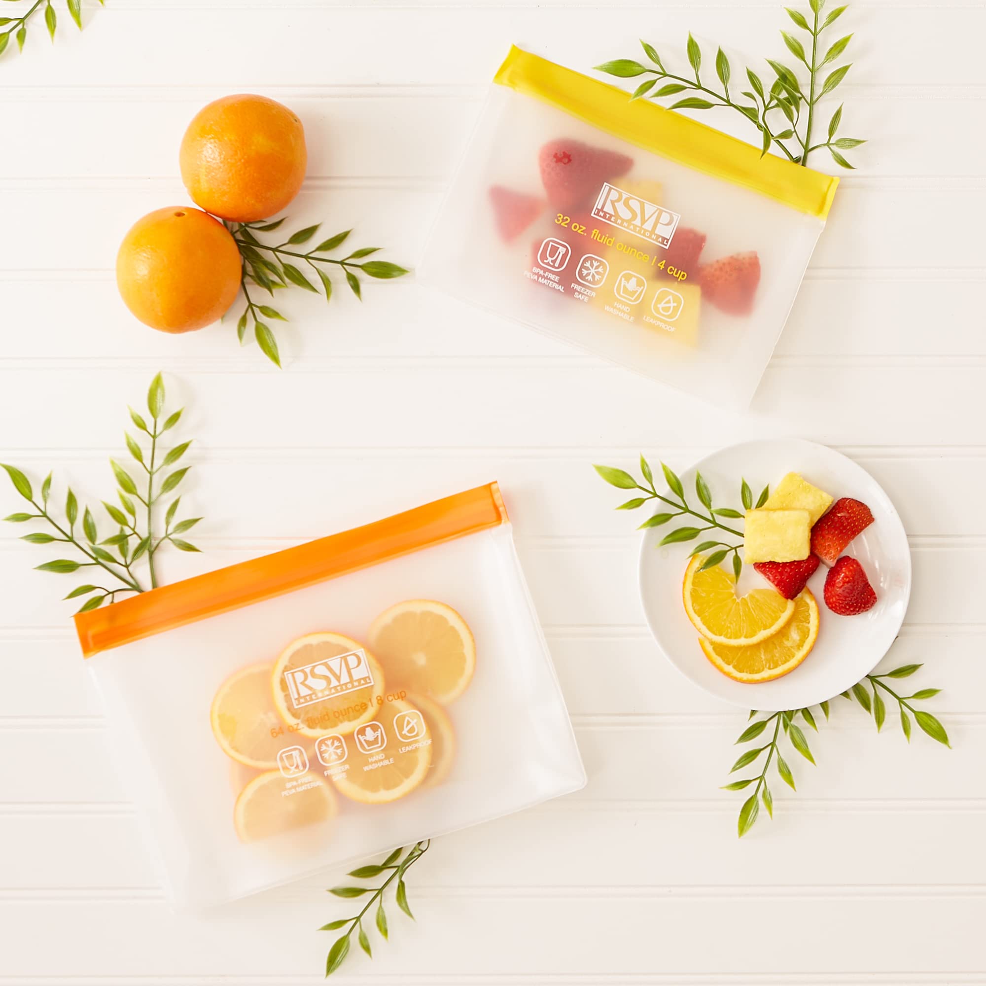 Rsvp International Reusable Food Storage Collection Eco Seal Bags, Stand-N-Seal Set, Orange/Yellow