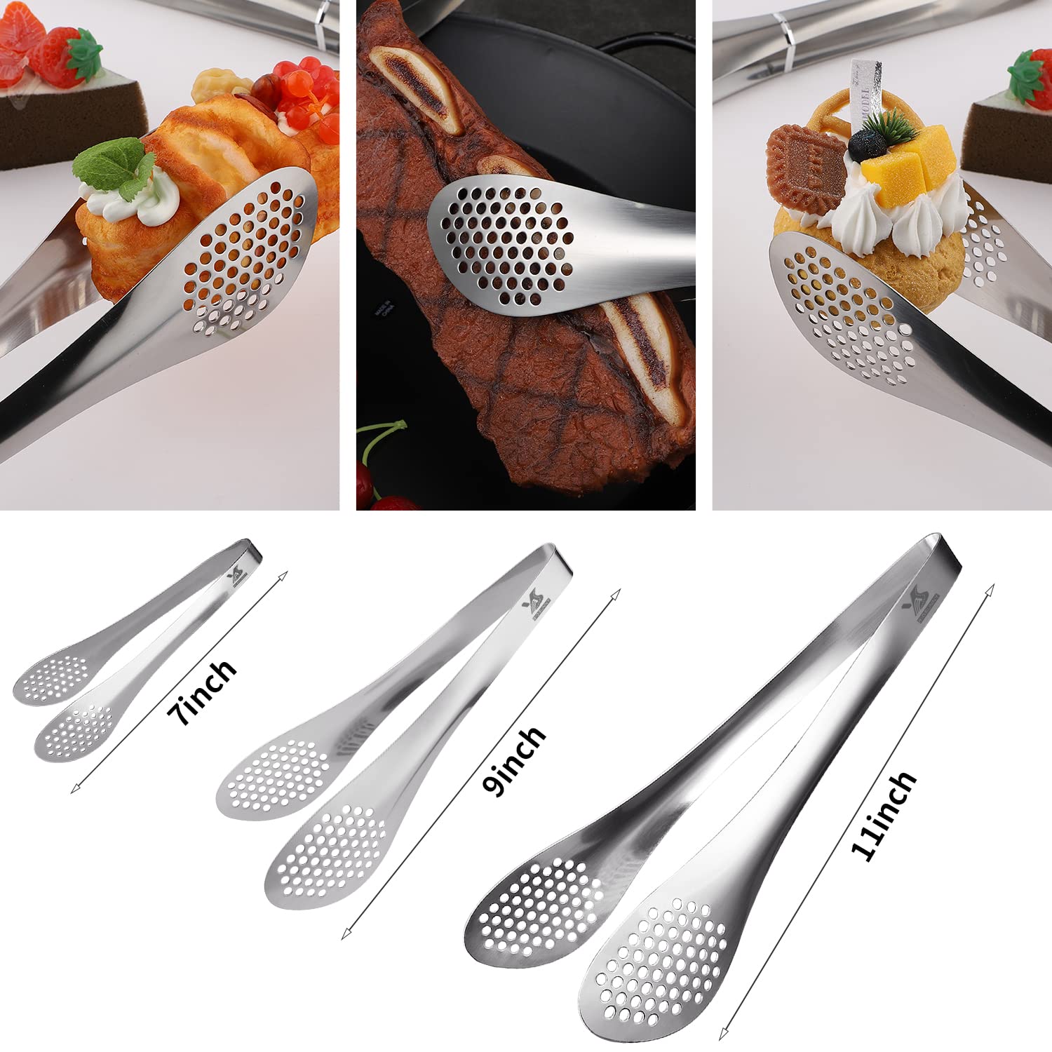 Msy Bigsunny Chef Kitchen Tongs Stainless Steel Food Serving Tongs Set Buffet Tongs (Silver 7'' 9'' & 11'', 3 Pack)