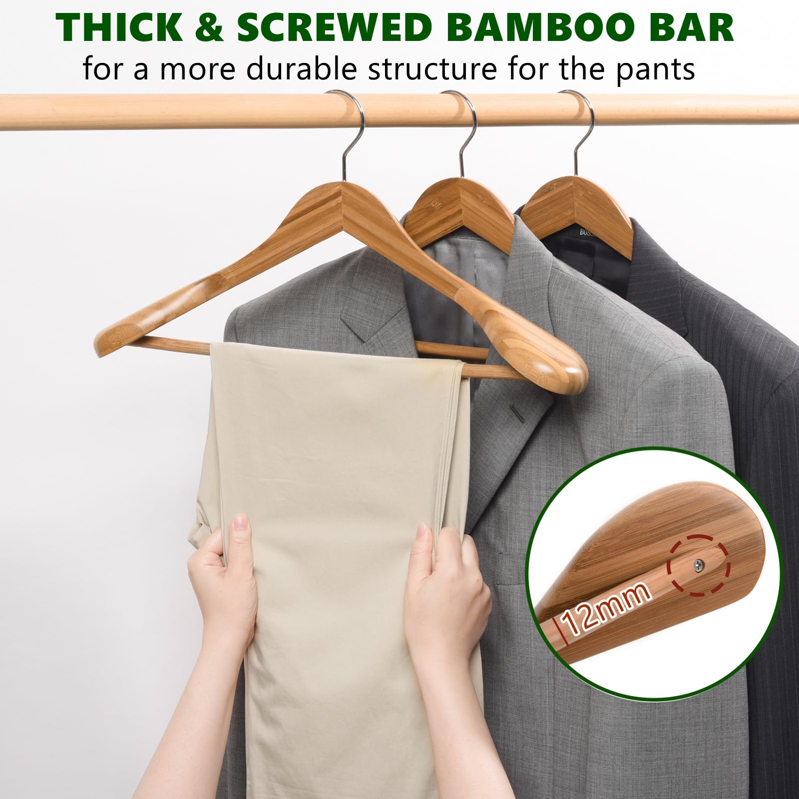 Amber Home 6 Pack Walnut Wide Shoulder Wooden Suit Coat Hangers with Non Slip Pants Bar  Solid Wood Jacket Clothes Hangers Smooth Finish for Sweater  Pants  Heavy Clothes (Walnut  6 Pack)