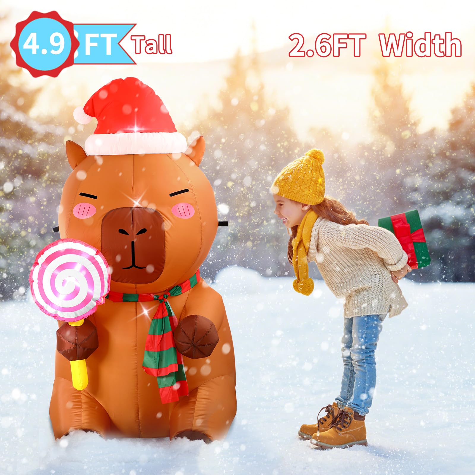 anroog Christmas Inflatable Outdoor Decorations Capybara Inflatables 4.92ft Christmas Blow Up Capybara Hold Lollipop Candy Yard