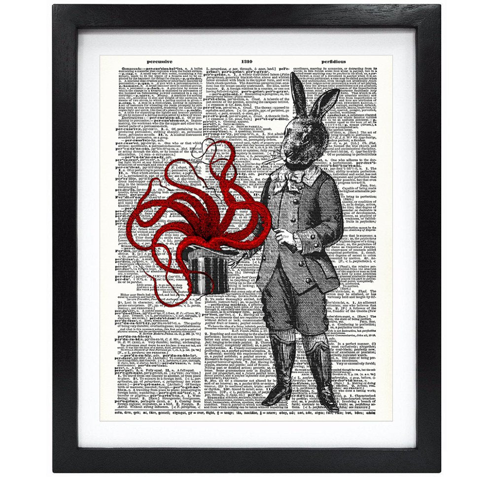 Susie Arts 8X10 Unframed Magician Bunny With Octopus Upcycled Vintage Dictionary Art Print Book Art Print Home Decor Funny Print