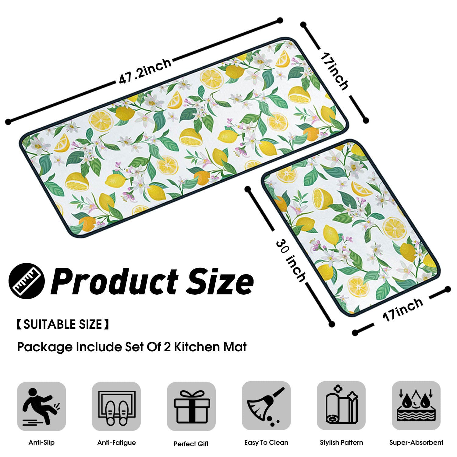 Ouxioaz Lemon Kitchen Rugs And Mats Non Skid Washable Absorbent Microfiber Kitchen Mat For Floor, Kitchen Mat Set Of 2 Lemon Kit