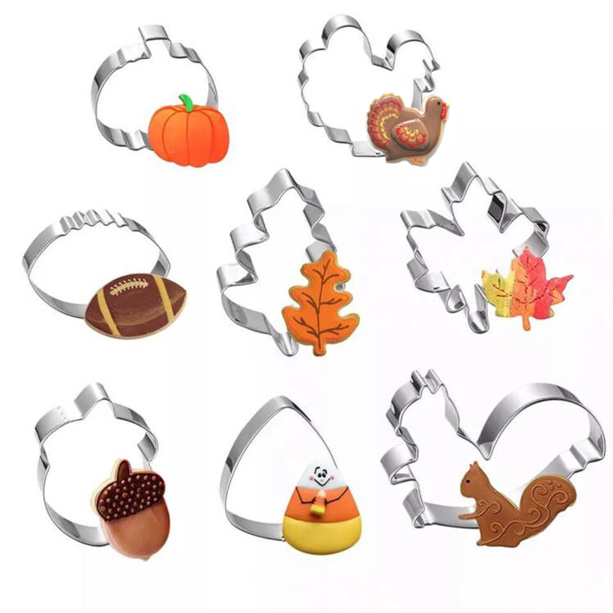 Fall Thanksgiving Cookie Cutters Set - 8 Pieces - Pumpkin, Football,Turkey, Maple Leaf, Oak Leaf,Squirrel,Candy Corn And Acorn-