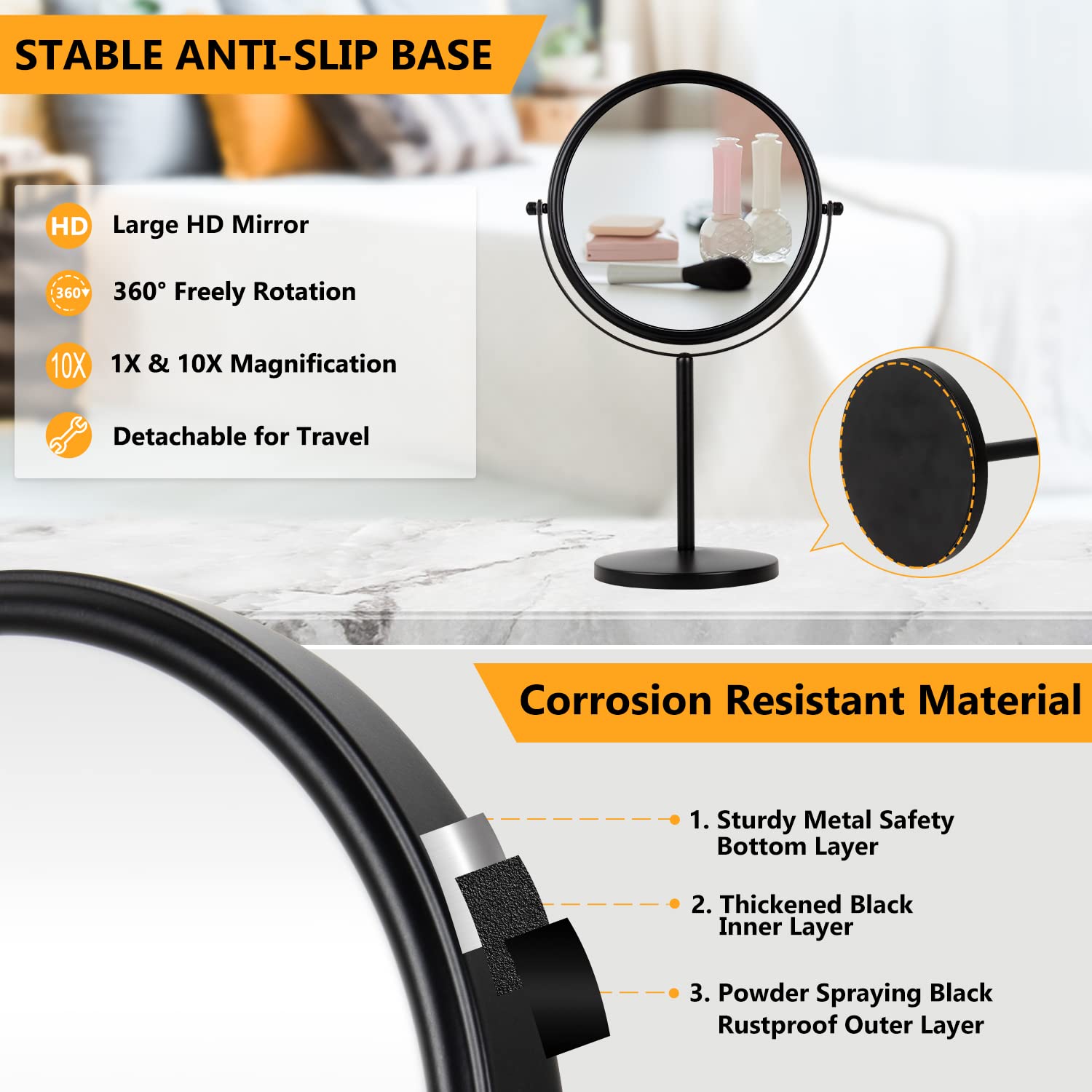 Alhakin 10X Magnifying Makeup Mirror, 8 Inch Tabletop Mirror Double Sided With Magnification, Swivel Make Up Mirror For Bathroom