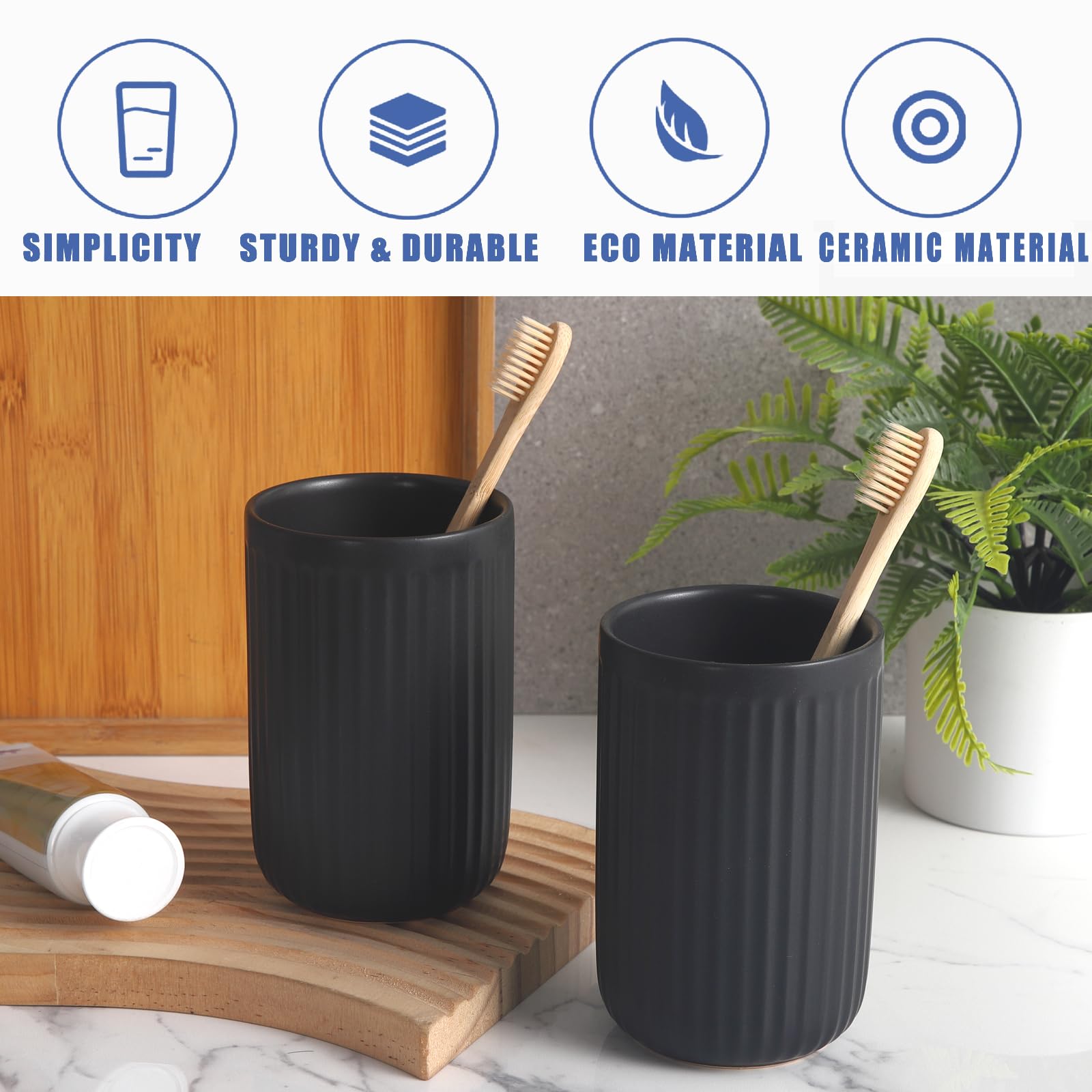 Matte Black Toothbrush Holders For Bathrooms - Black Ceramic Bathroom Tumbler Cups Reusable Toothbrush Cup Black Mouthwash Cup,