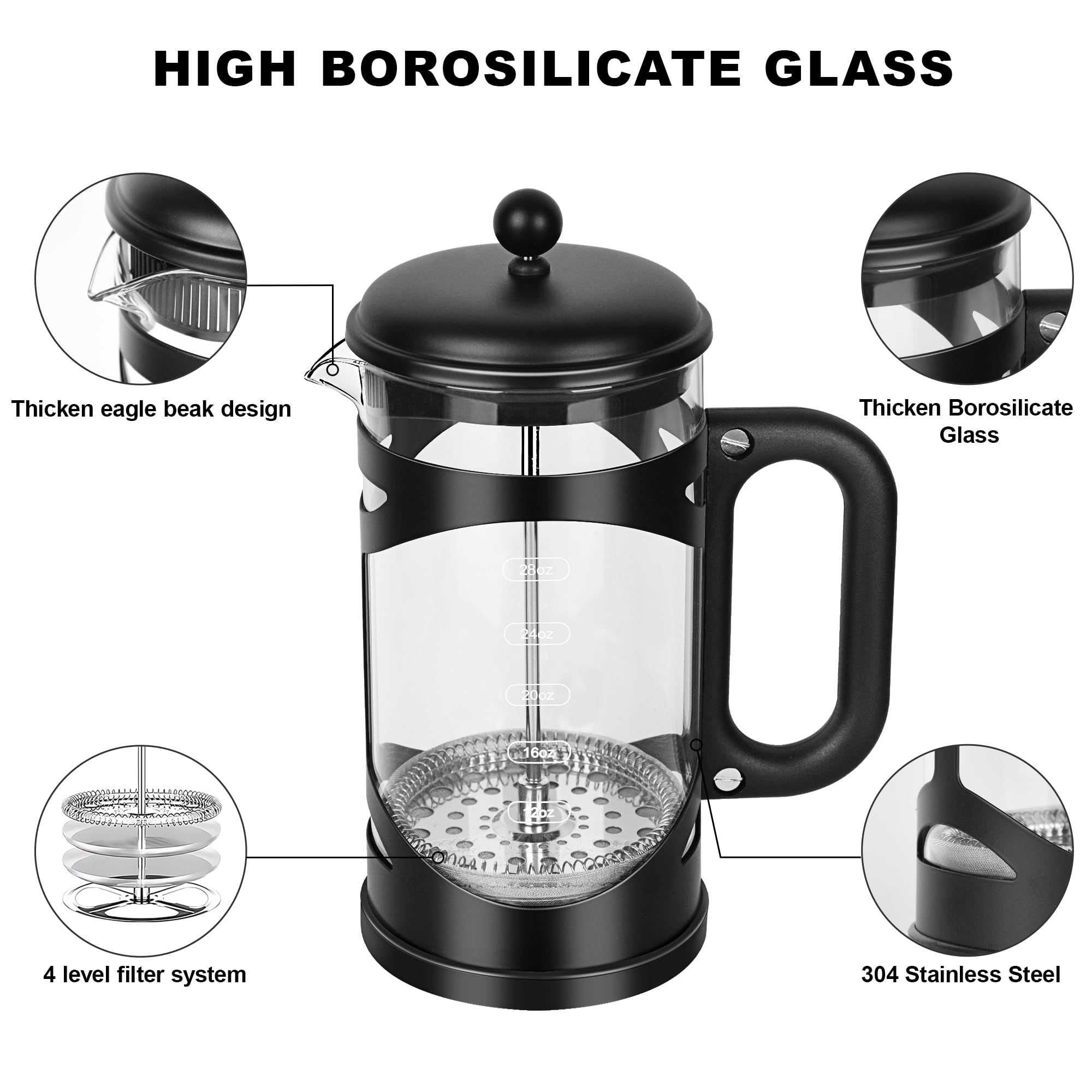 Ymmind 34 Ounce French Press Coffee Maker Black Stainless Steel Coffee Press, With 4-Level Filter System, Heat Resistant Thickne