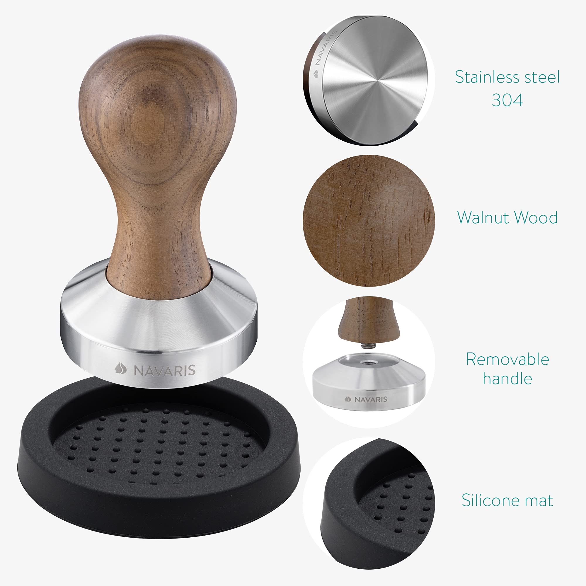 Navaris Coffee Tamper Set - Milk Jug And Stainless Steel Espresso Press With Walnut Handle For Coffee - 51Mm Coffee Ground Compr