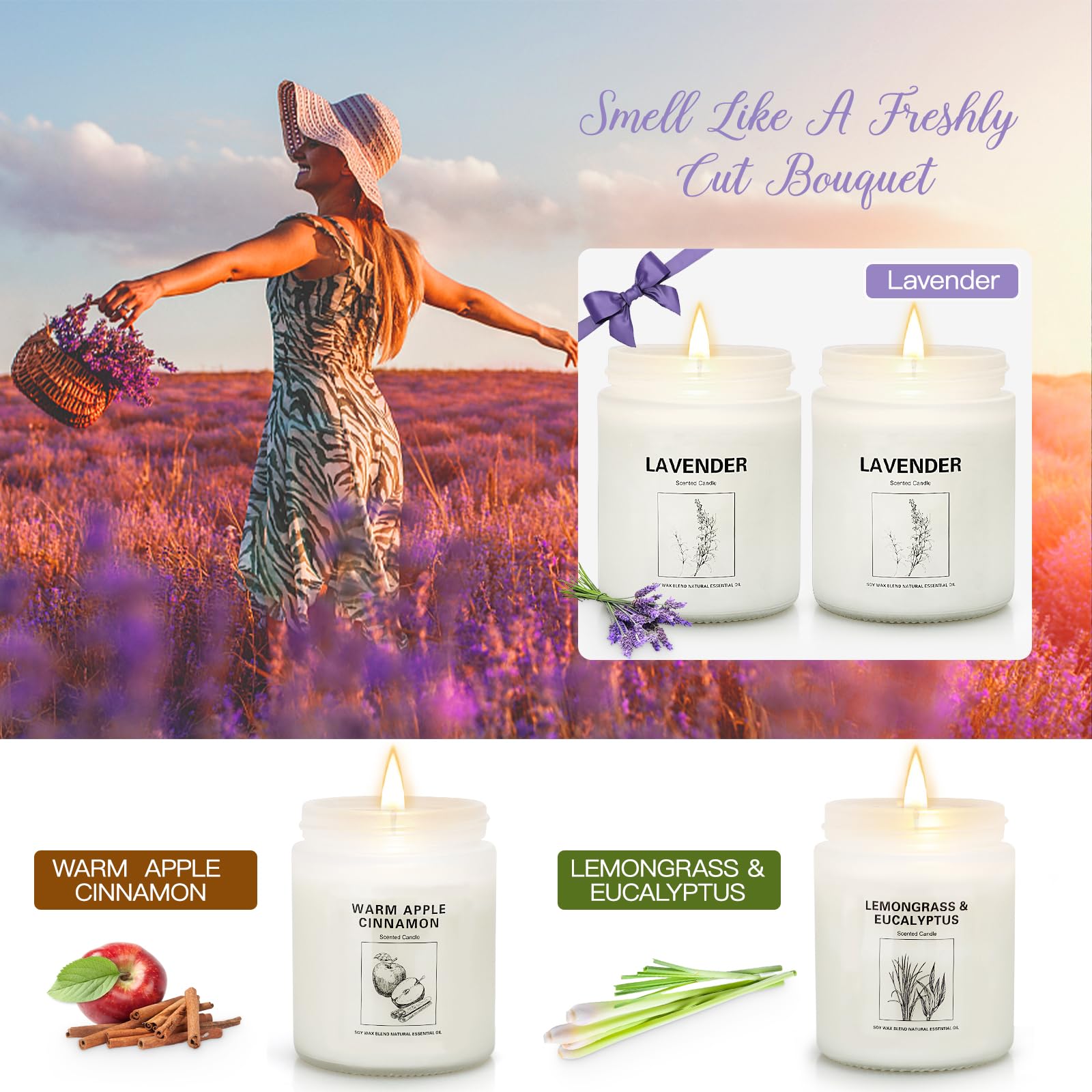 4 Pack Candles for Home Scented, Lavender Candles Gifts Set for Women, 28 oz Aromatherapy Apples Cinnamon Scented Candles for Ho