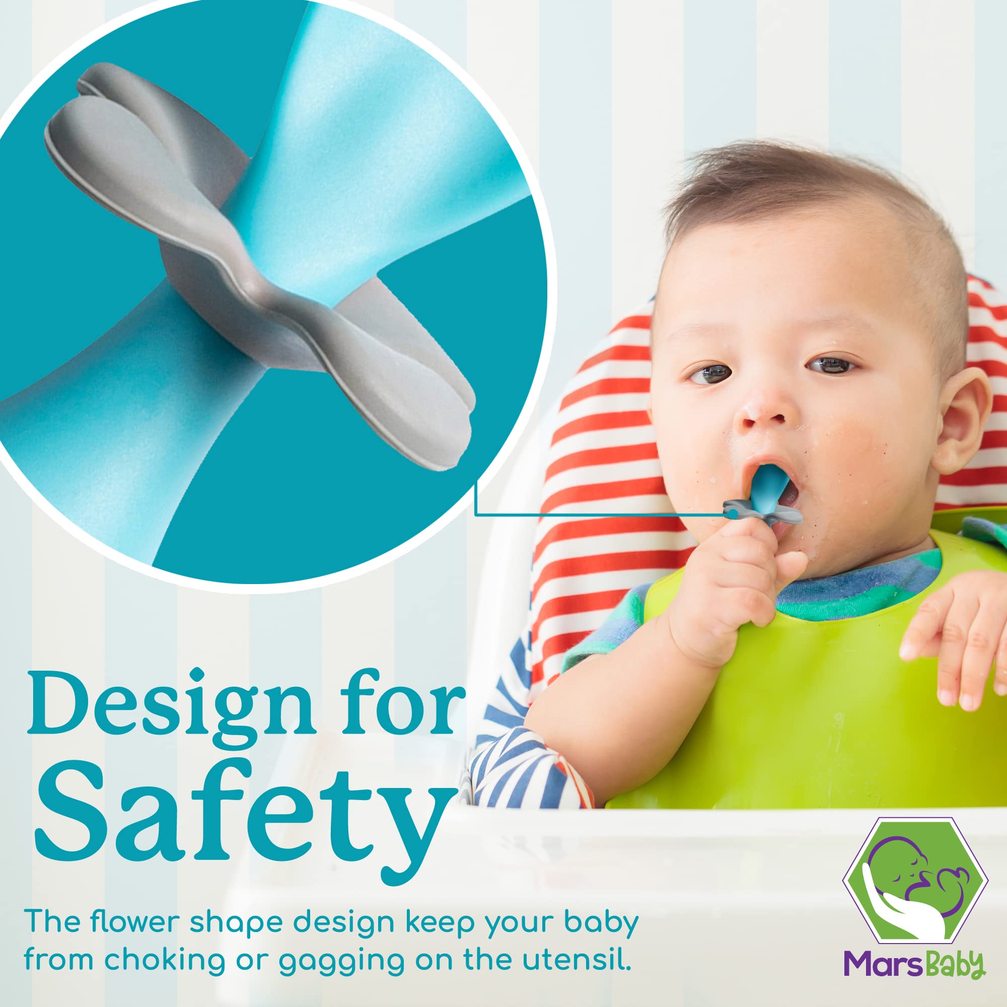 Mars Baby Flower Design Baby and Toddler Self-Feeding Training Utensils - Easy to Hold and Use Led Weaning, Protective Choke Bar
