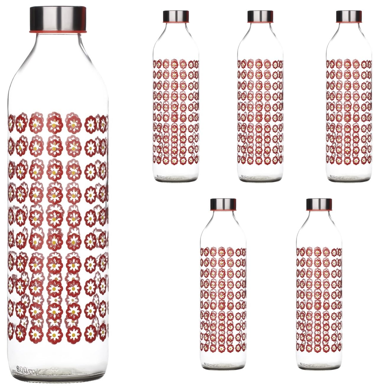 Sand Dune Set Of 6, 800 Ml Each Polka Dots Printed Glass Water Bottle, With Leak-Proof Airtight Stainless-Steel Lid For Water, S