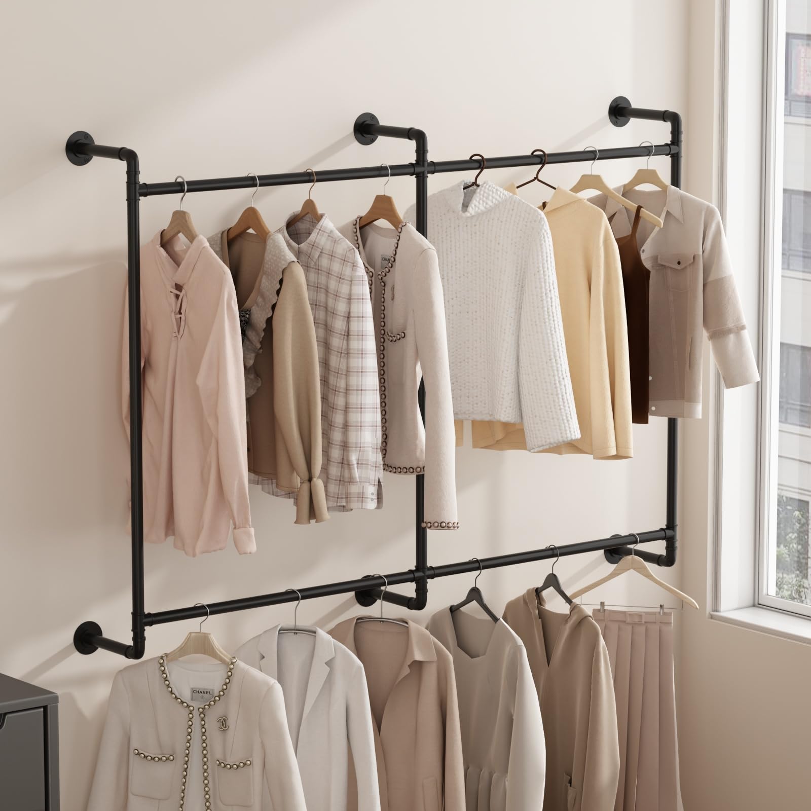 Mairhk Industrial Pipe Clothing Rack Clothing Rack Wall Mounted Clothes Racks For Hanging Clothes Double Rod-2 Tier Black