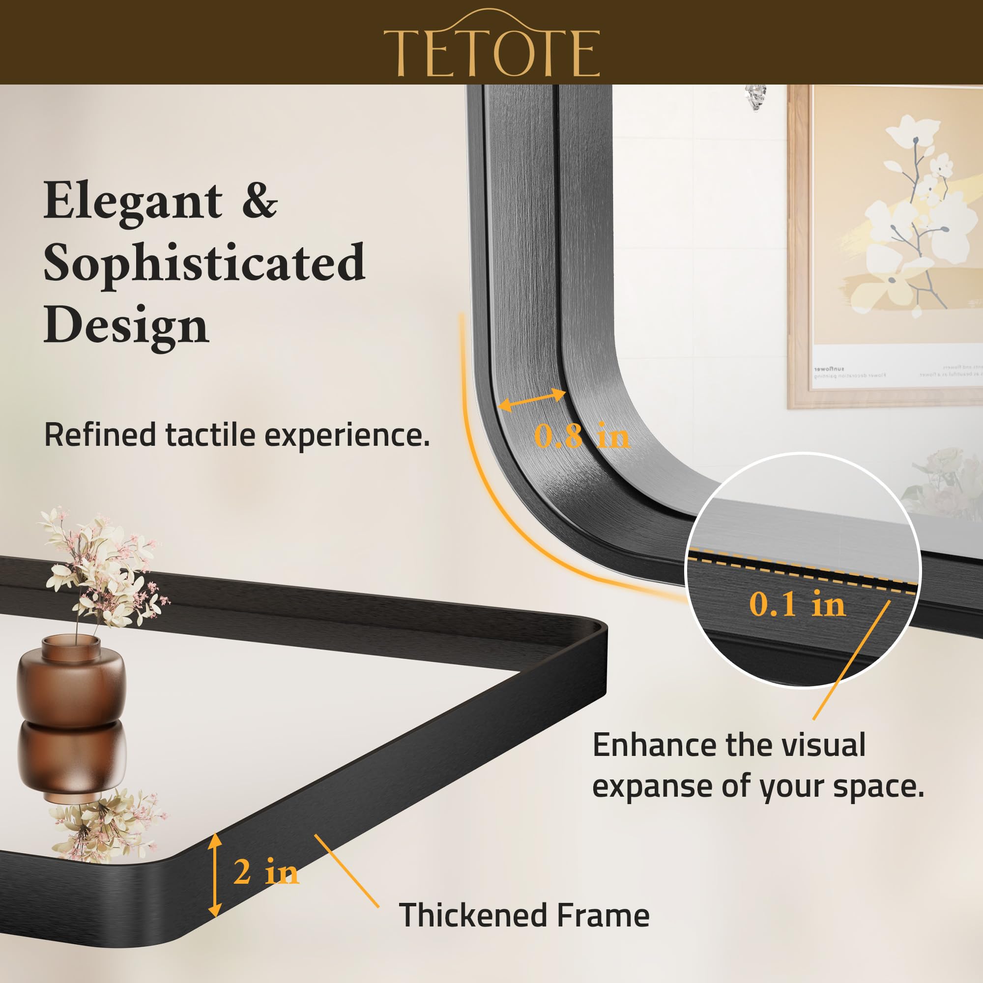 TETOTE 48x30 Inch Bathroom Mirror  Matte Black Modern Metal Frame Rectangle Wall Mounted Vanity Mirror (Horizontal/Vertical)