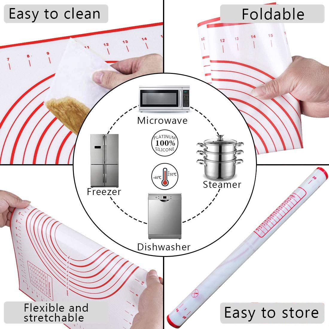 Rolling Pin And Silicone Baking Pastry Mat Set, Stainless Steel Dough Roller With Adjustable Thickness Rings, For Pizza, Pie, Pa