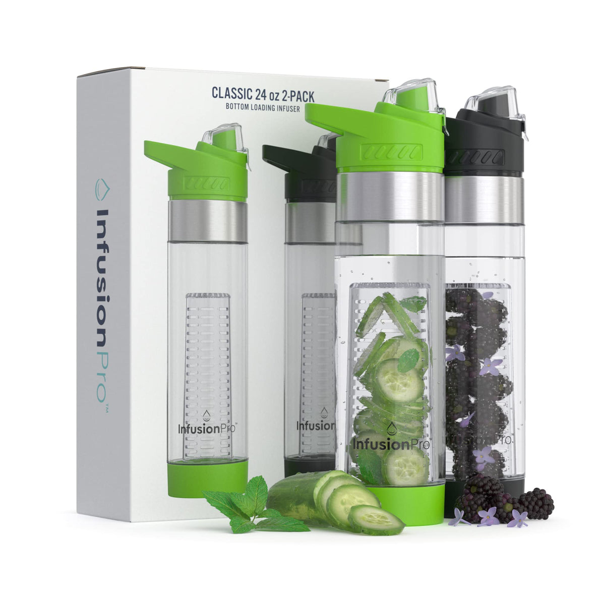Watermate Infuser Infusion Pro 24 Oz Fruit Infuser Water Bottle, 2 Pack, Flip Top Lid, I ...