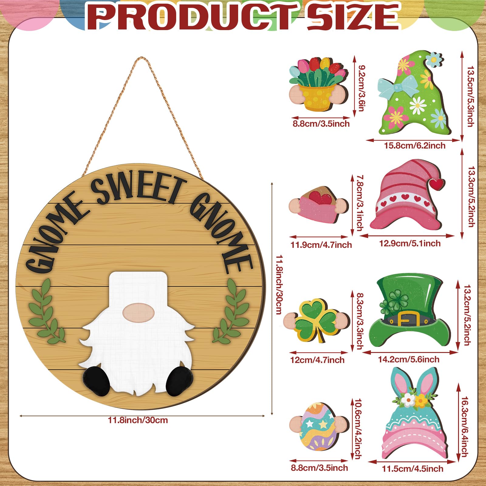 Wenqik 41 Pcs Interchangeable Gnome Decor Holiday Wooden Seasonal Gnome Decor Detachable Magnet Hat and Hand Welcome Sign for Ho