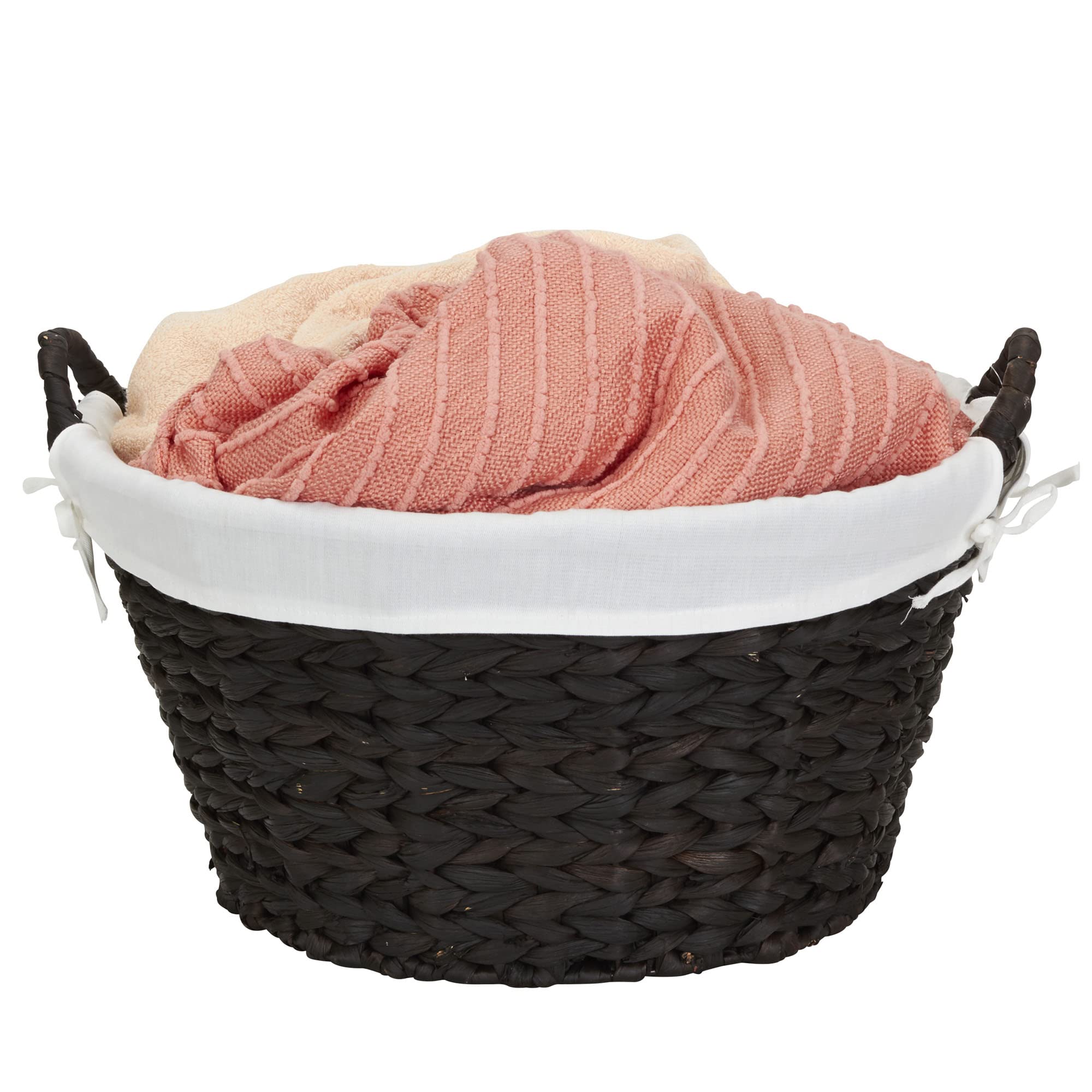 Household Essentials Round Wicker Laundry Basket with Handles  Whimsical Water Hyacinth Basket  Supportive Metal Frame  Removable Polyester Liner  Handwoven  Well-Structured and Versatile  Brown Large