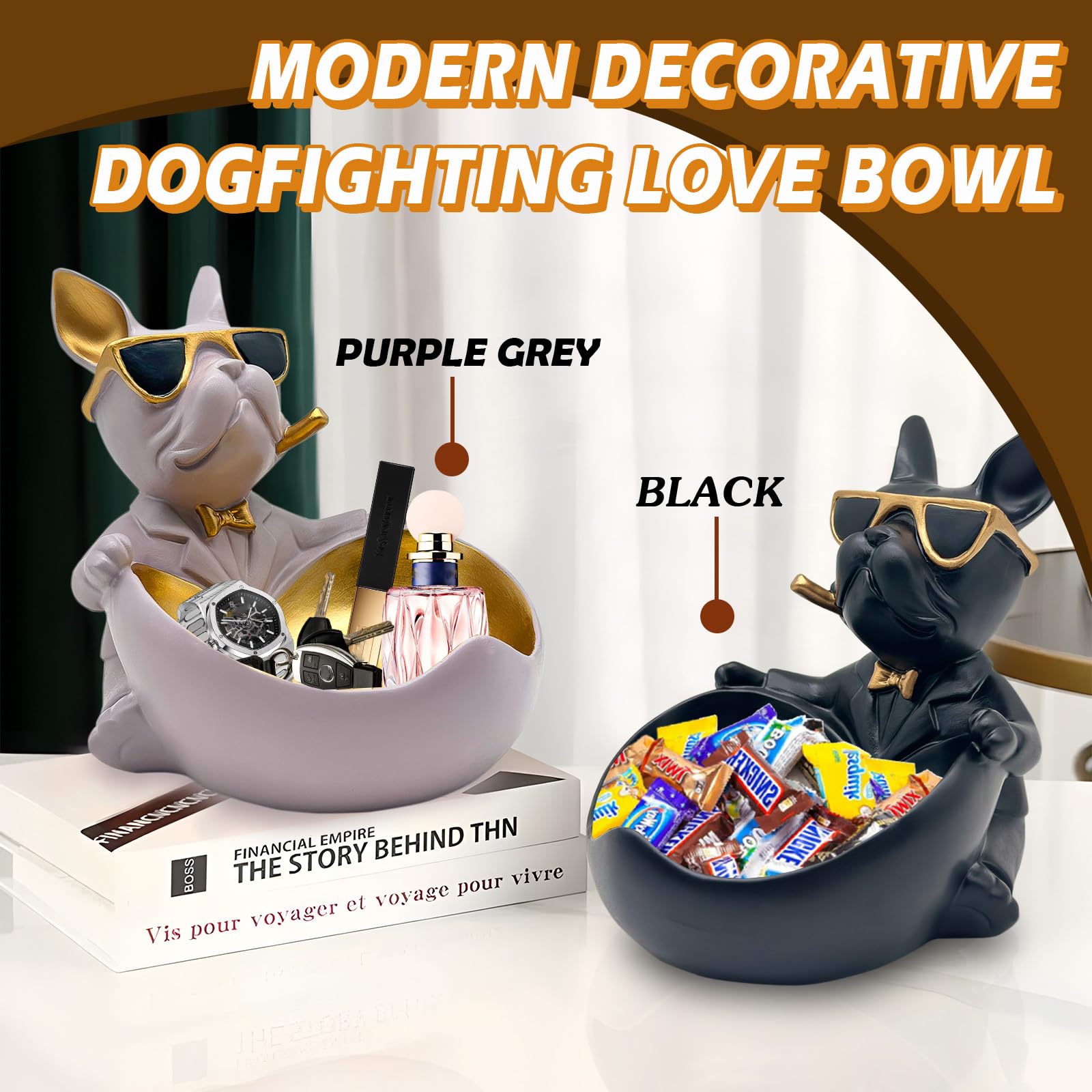 Huhote Bulldog Candy Bowl Decor, Heart-shaped Key Holder Bowl Candy Dish, Bulldog Accessories, Resin Bulldog Statue for Office D