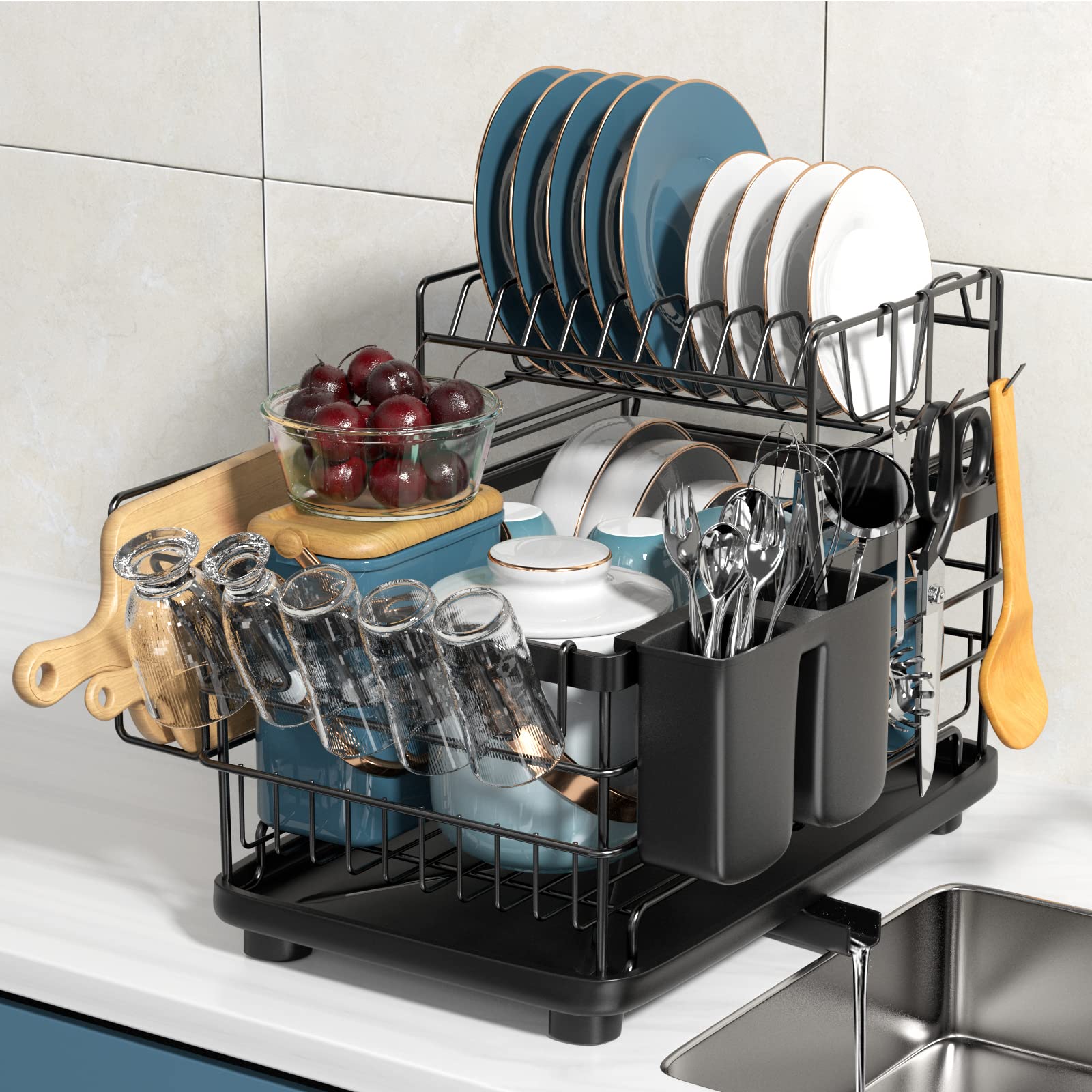 Aonee 2 Tier Dish Drying Rack With Drainboard, Cutlery Holder, Cutting-Board/ Cup Holder And 3 Hooks For Kitchen Counter, Rust-P