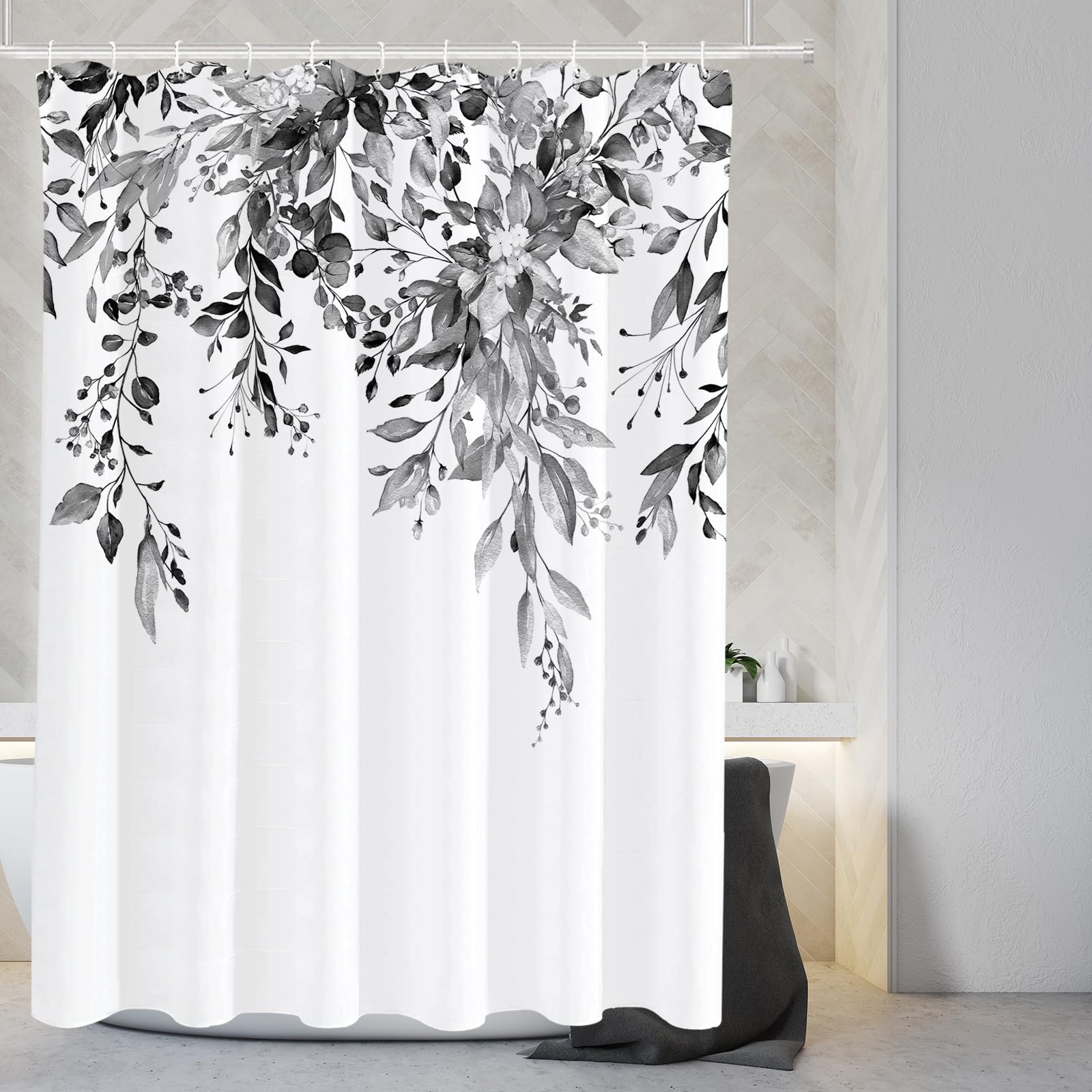 Tititex Black Eucalyptus Shower Curtain Sets, Watercolor Grey Leaves On The Top Plant With Floral Bathroom Decoration 72X78 Inch