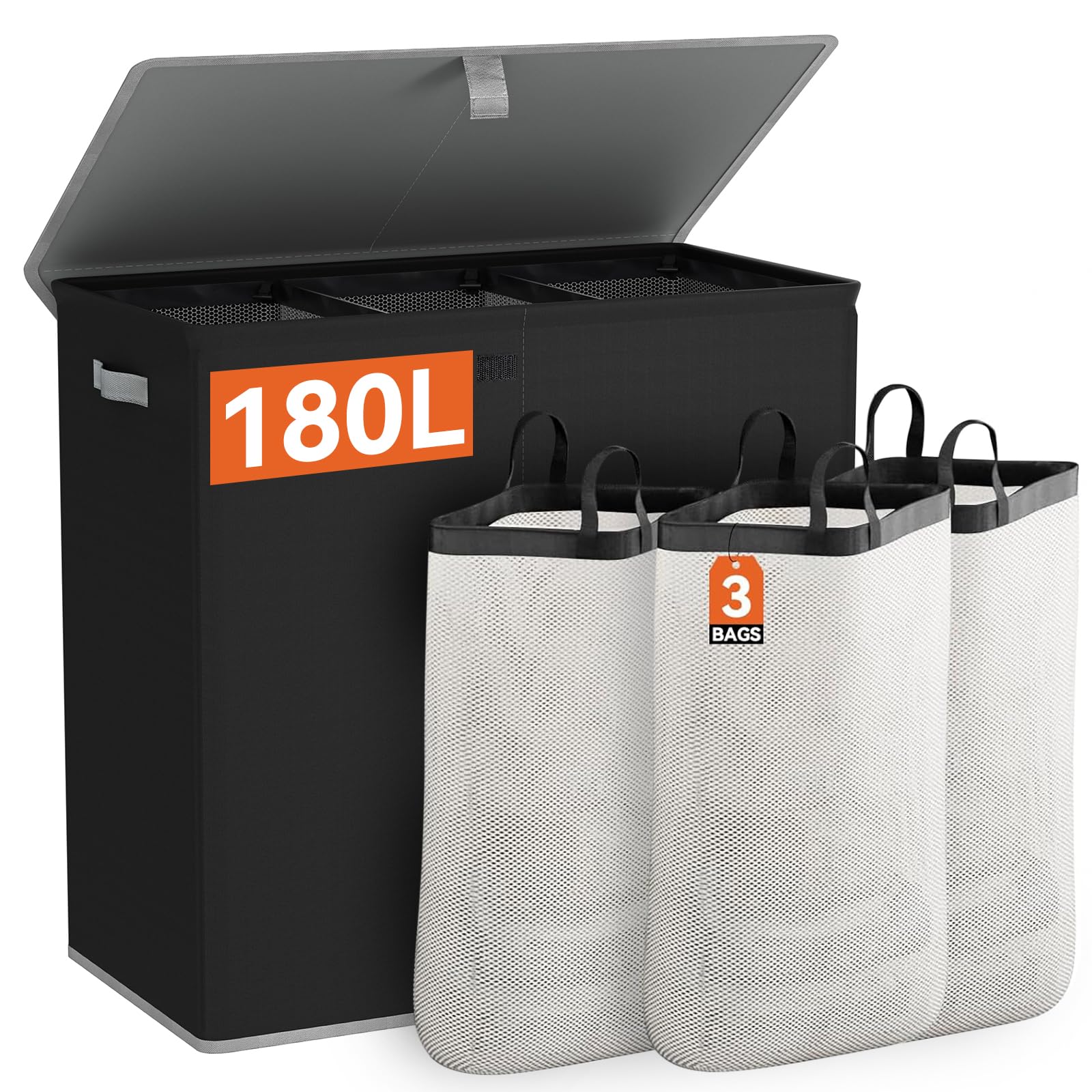 Wowlive Laundry Hamper With Lid,180L Large Laundry Basket 3 Section With Removable Washing Bags,Collapsible Waterproof Dirty Clo