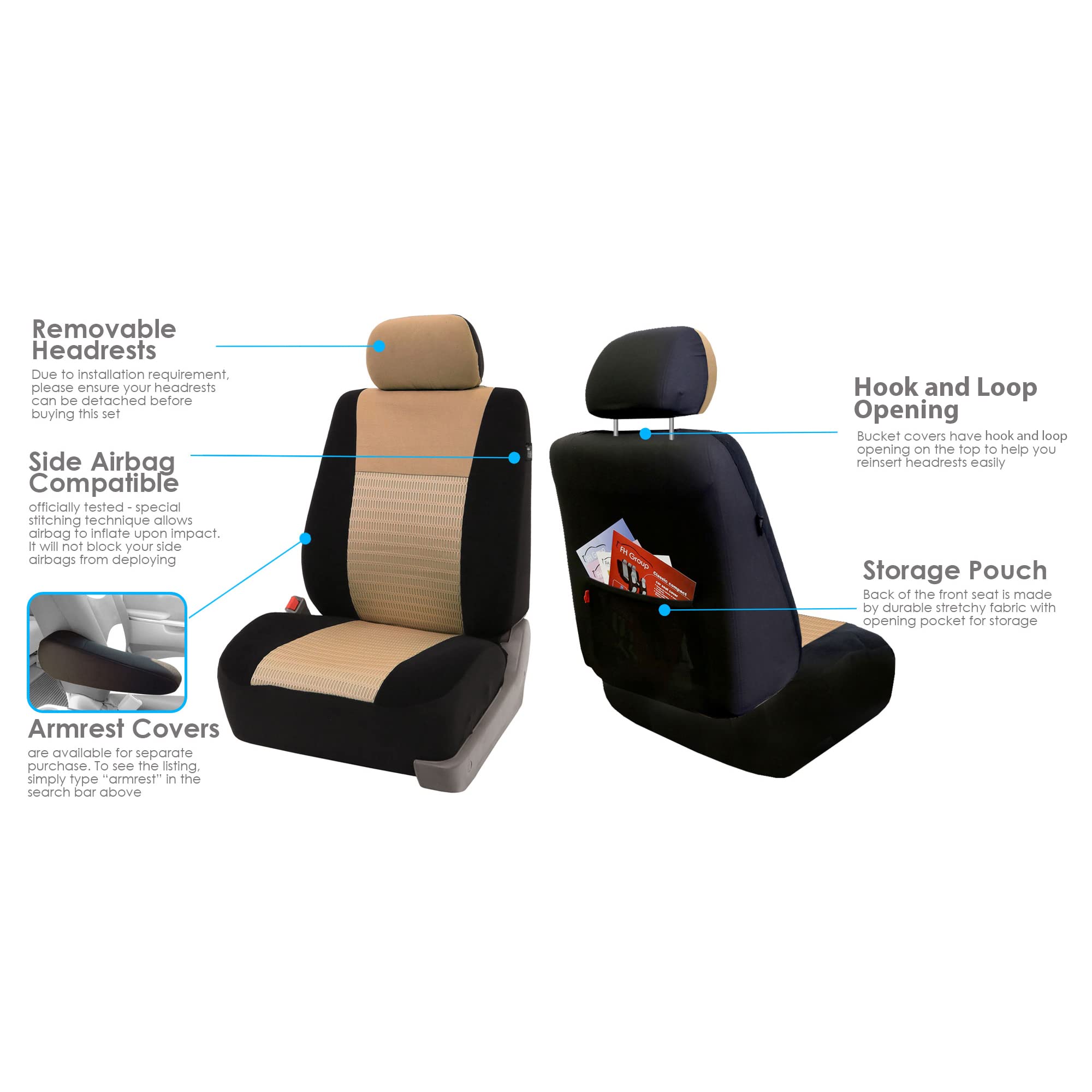 Fh Group Car Seat Covers Trendy Elegance Front Set Seat Covers, Airbag Compatible Beige And Black Car Seat Cover Universal Fit I