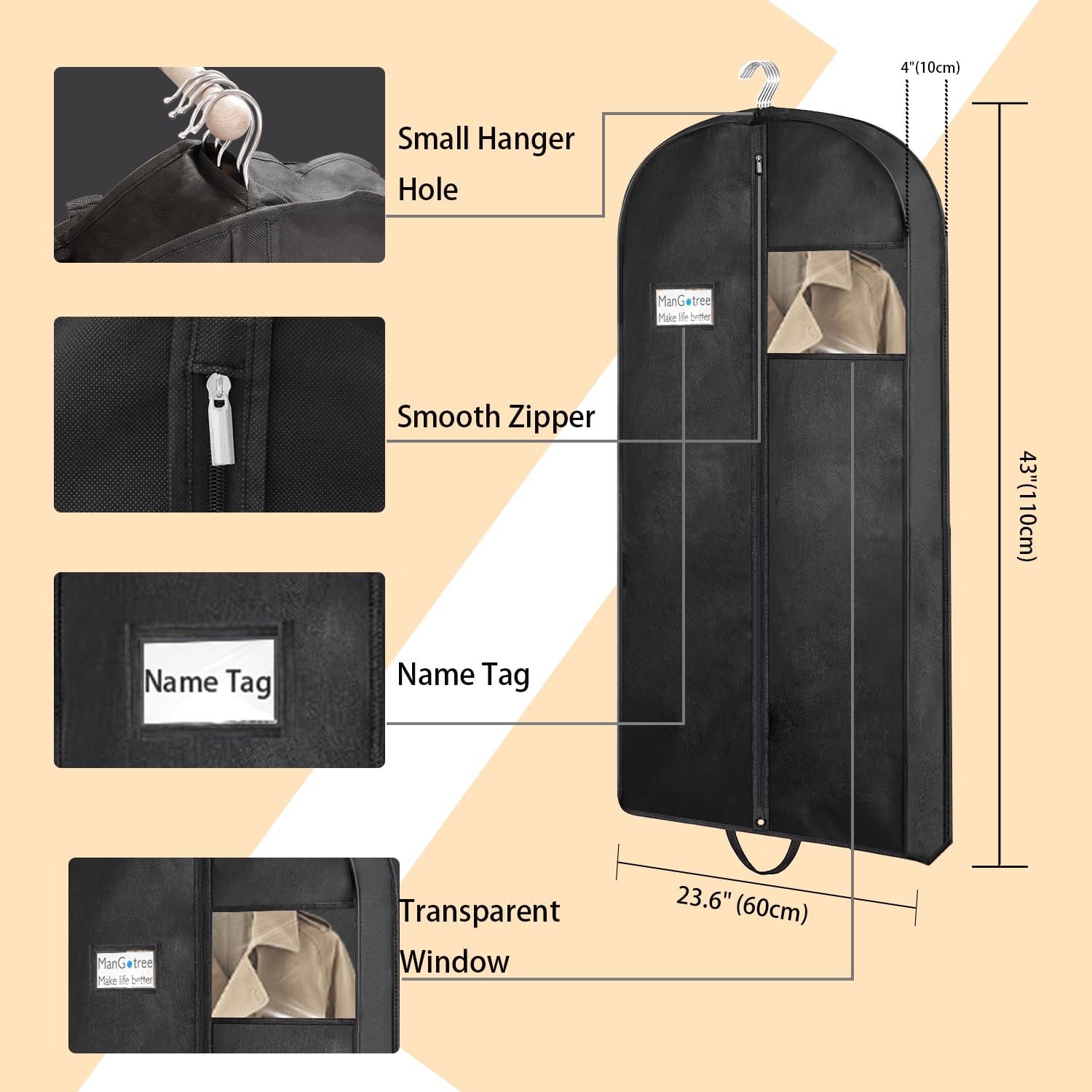 Mangotree 43'' Garment Bags, Suit Bags For Closet Storage And Travel, Portable Garment Covers With Handle, Nonwoven Breathable C