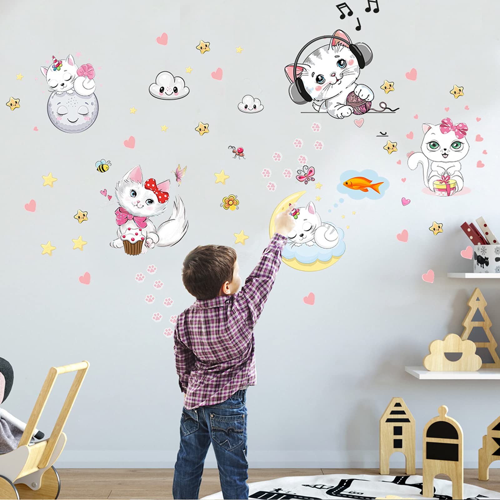 Glow In The Dark Stars For Room,Cats Glowing Wall/Ceiling Decals, Kitten Butterflies Stickers For Kids Bedroom, Clouds Bees Lumi