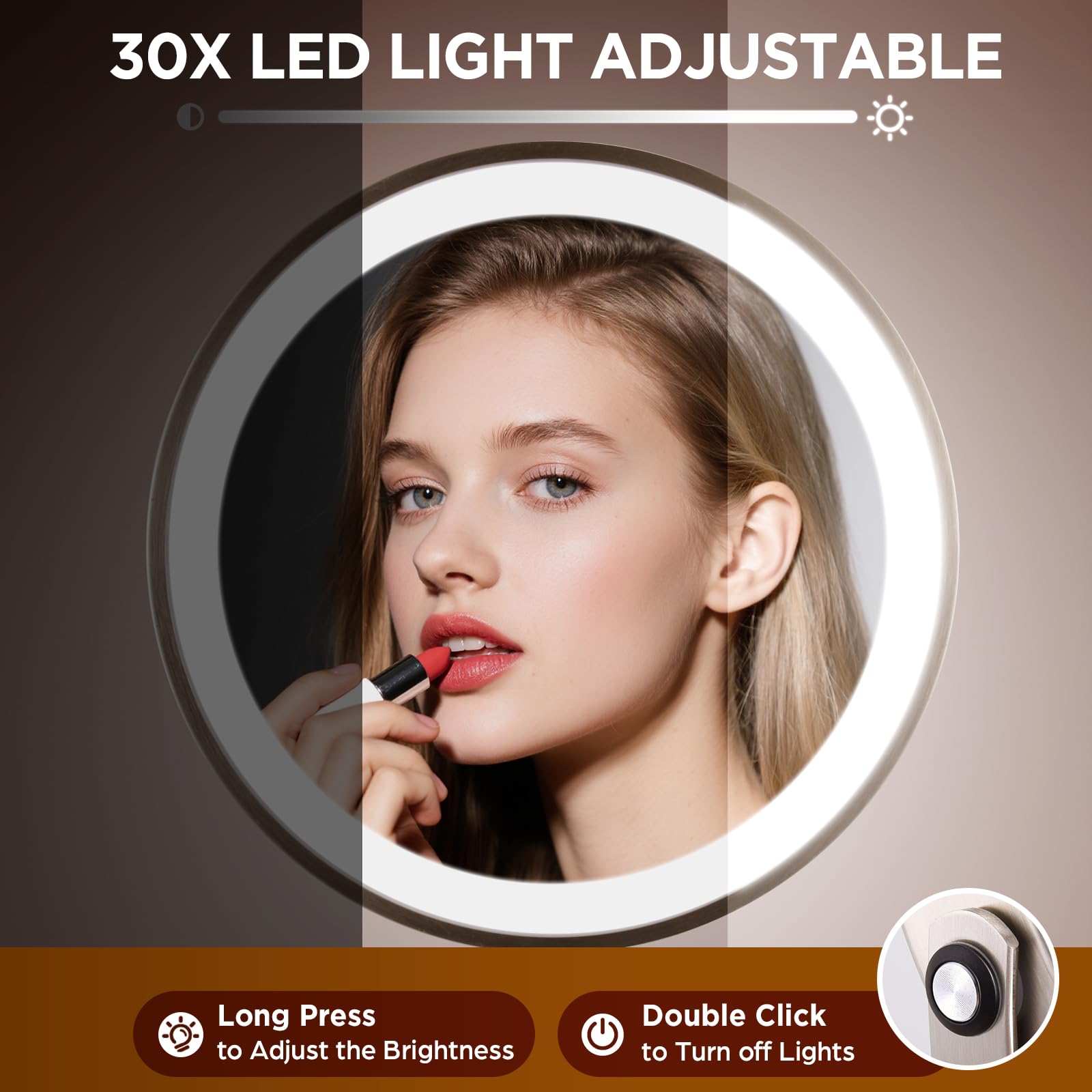 Makeup Mirror With Lighted, 30X Magnifying Mirror With 3 Lights Colors, Vanity Mirror Brushed Nickel - 360 Rotation, Brightness