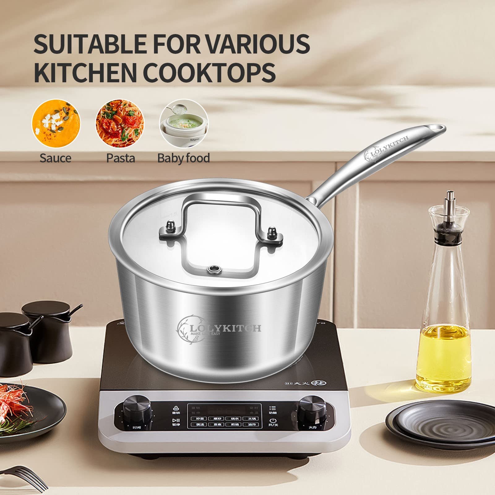 Lolykitch Tri-Ply 3 Qt Stainless Steel Saucepan With Lid,Dia.20Cm Induction Cooking Sauce Pot,Oven & Dishwasher Safe,Detachable