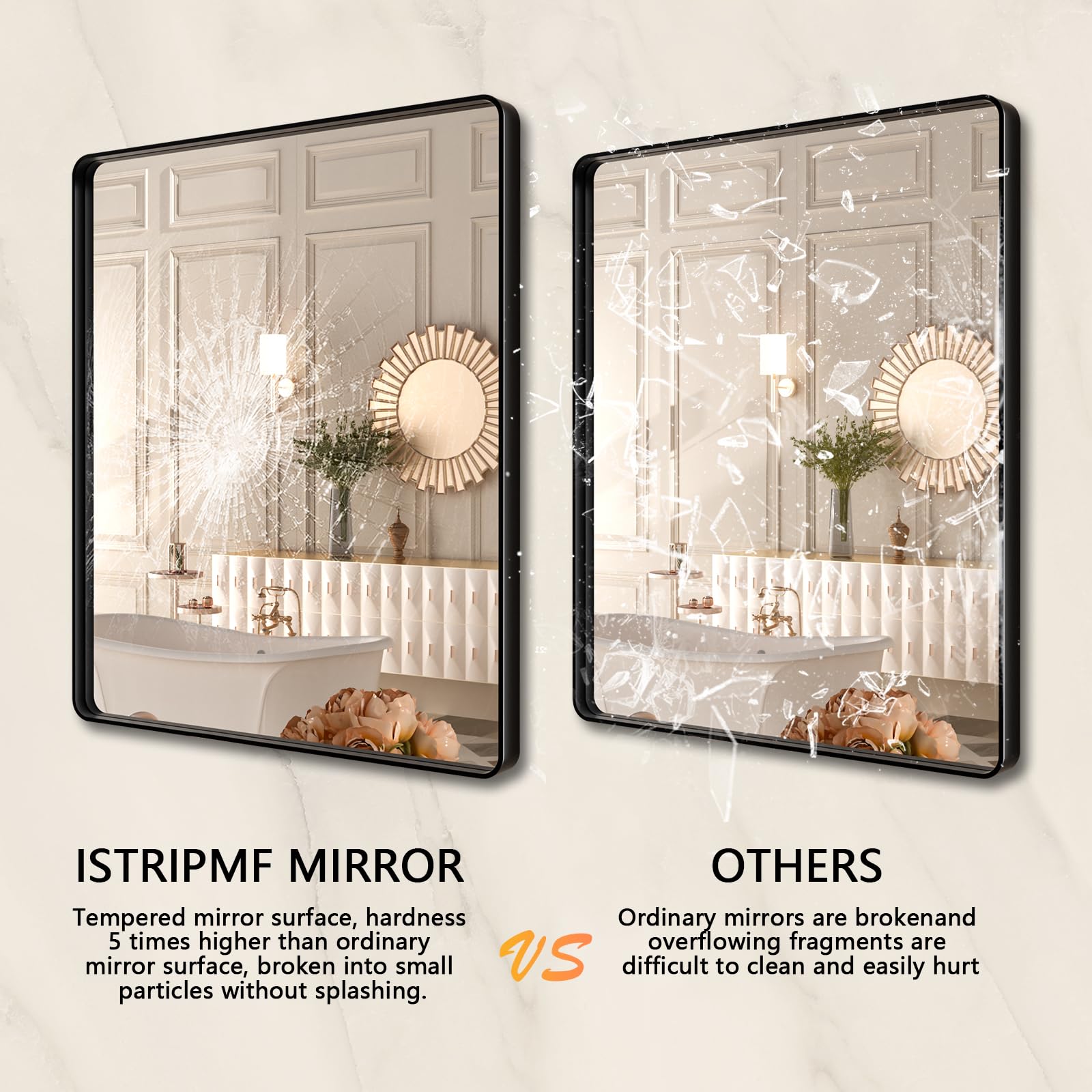 Istripmf 36X36 Inch Black Bathroom Mirror,Rectangle Matte Black Bathroom Vanity Mirror For Wall,Tempered Glass,Round Corner Blac
