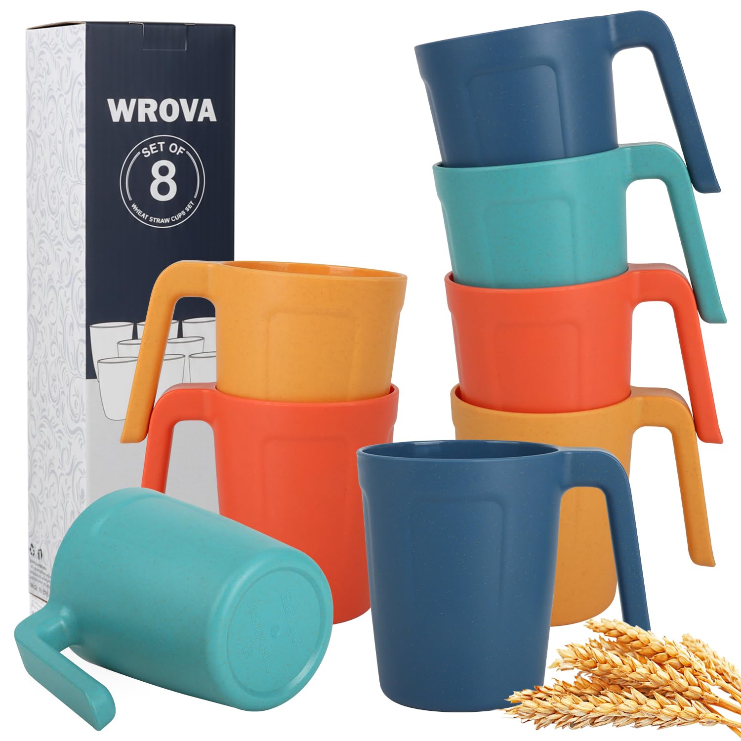 Wrova Wheat Straw Cups 8 Pack, 16 oz Kitchen Cups, Coffee Mugs with Handle