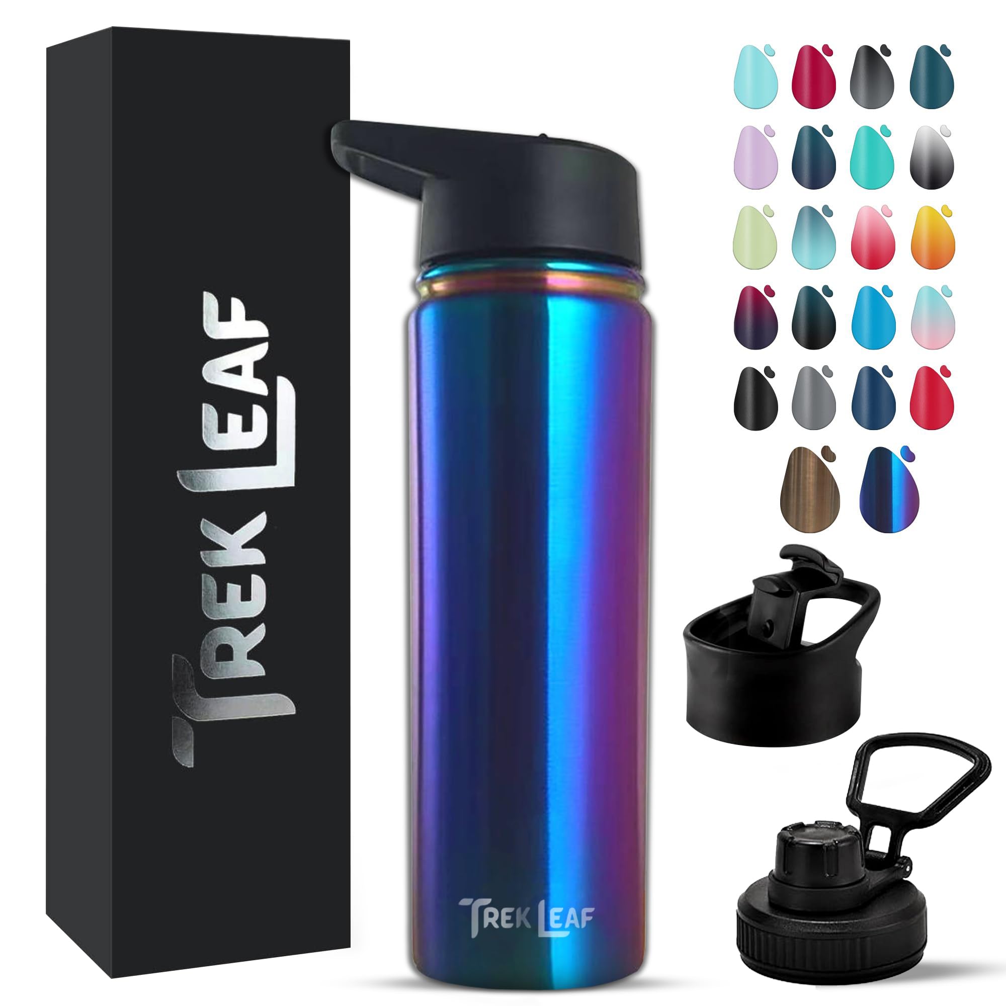 Trek Leaf Travel Water Bottle with 3 Lids (Spout, Straw, Flip) Leak Proof, Quality, Vacuum Insulated, Stainless Steel (Twilight,