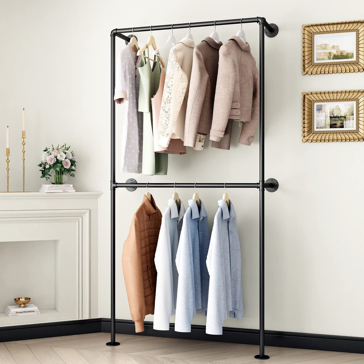 Ironjiazu Industrial Pipe Clothing Rack Wall Mounted Garment Rack,Black Clothes Rack Retail Display Hanging Rod For Closet Stora