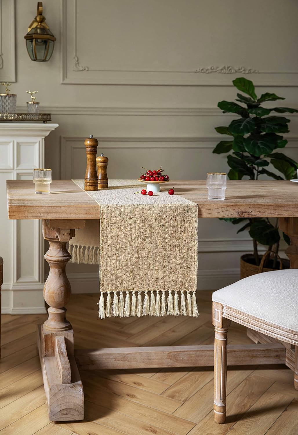 ZeeMart Beige Table Runners 108 Inches Long  Burlap Linen Style Rustic Farmhouse Table Runner  Long Boho Dining Table Runner  13x108 Inches  Oatmeal Beige