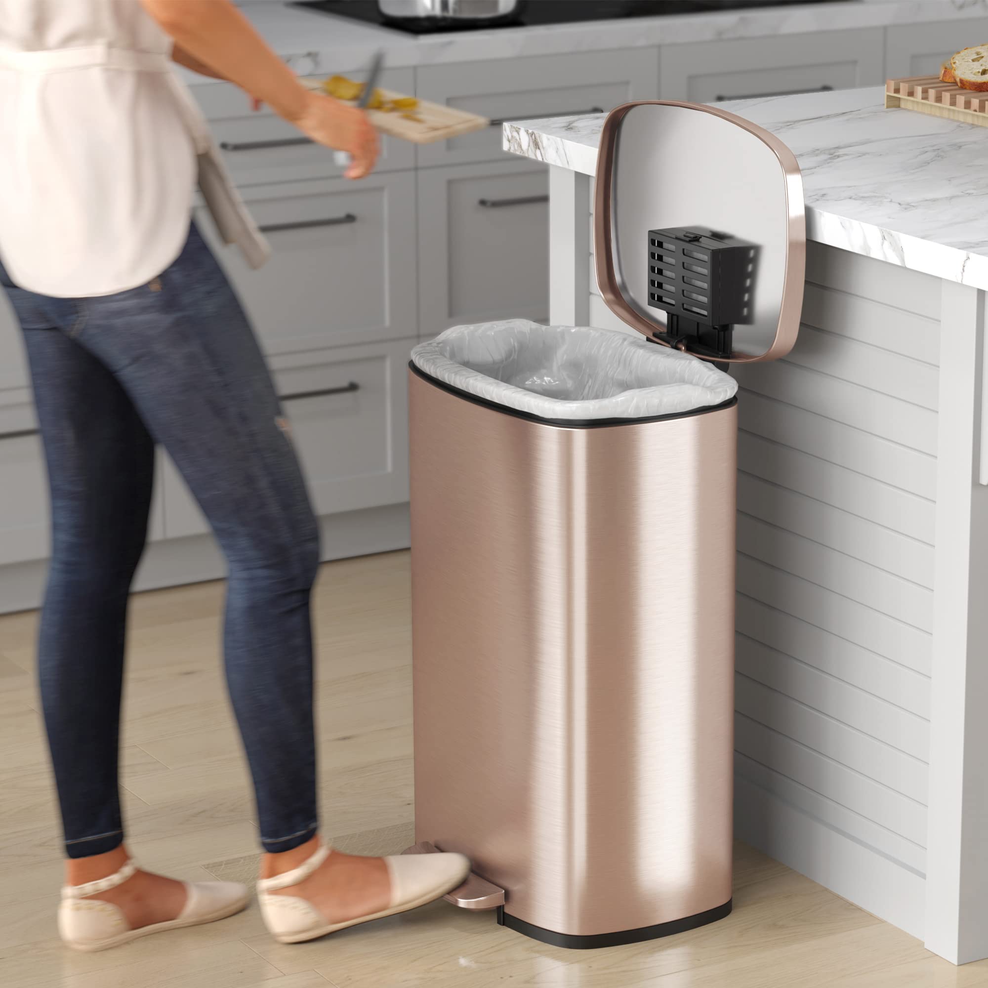 Itouchless Softstep 13.2 Gallon Kitchen Step Trash Can With Odor Filter, 50 Liter Rose Gold Stainless Steel Pedal Garbage Bin Fo